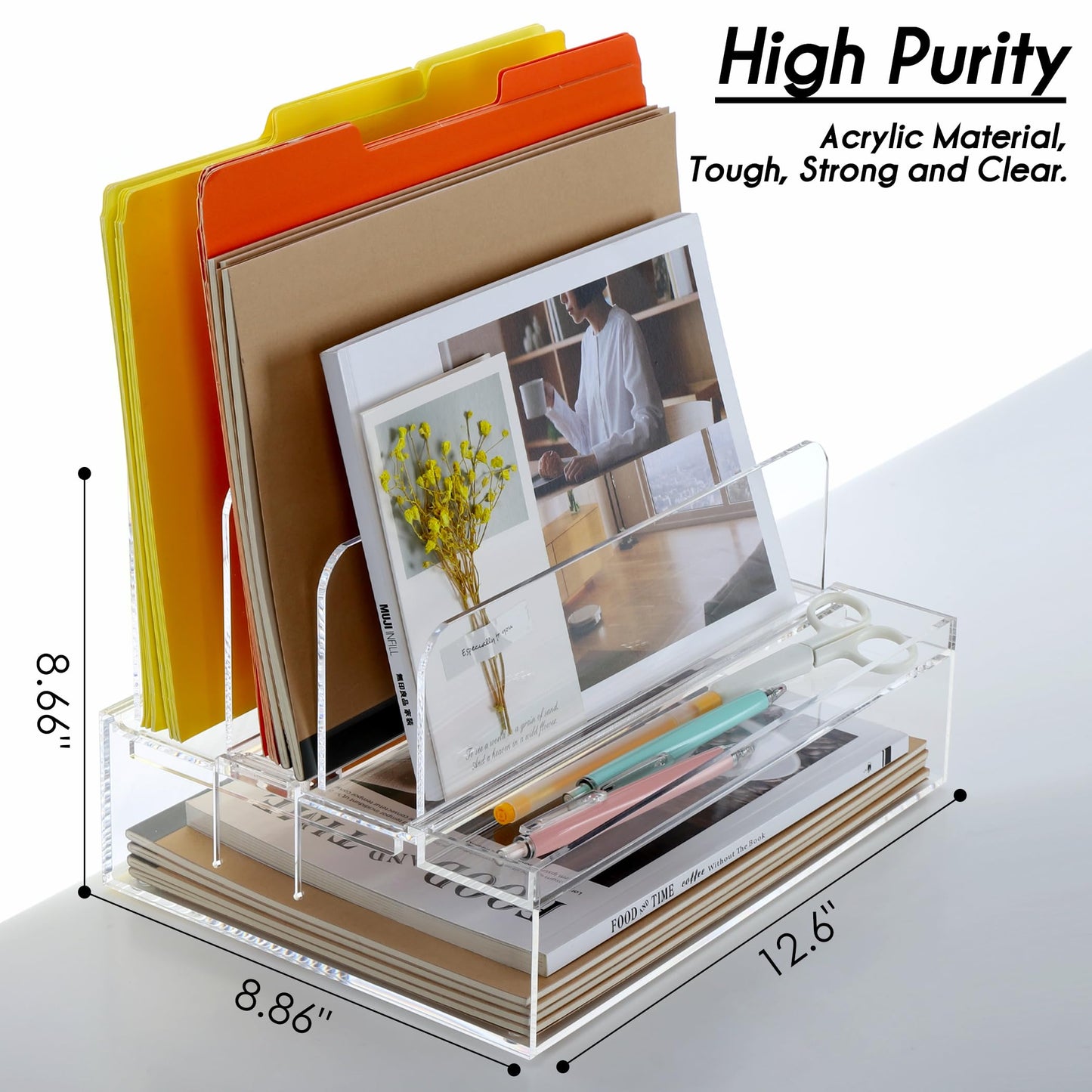 DINGHUO Acrylic Desk Organizers and Accessories, Paper Letter Tray Organizer with 3 Vertical File Holder, Clear File Organizer for Desk Home Office Supplies -1 Pack
