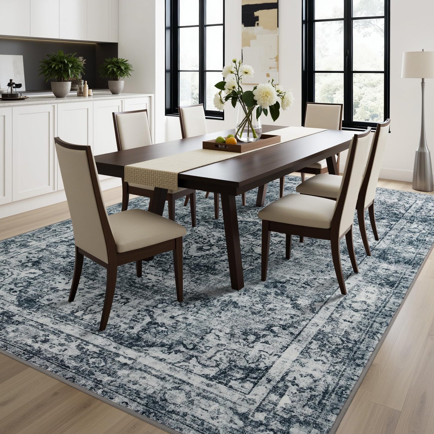 Joydeco 5x7 Area Rugs for Living Room, Machine Washable Vintage Area Rugs, Low Pile Non Slip Carpet, Lightweight Chenille Print Rug for Bedroom, Dining Room, Home Office, Light Grey