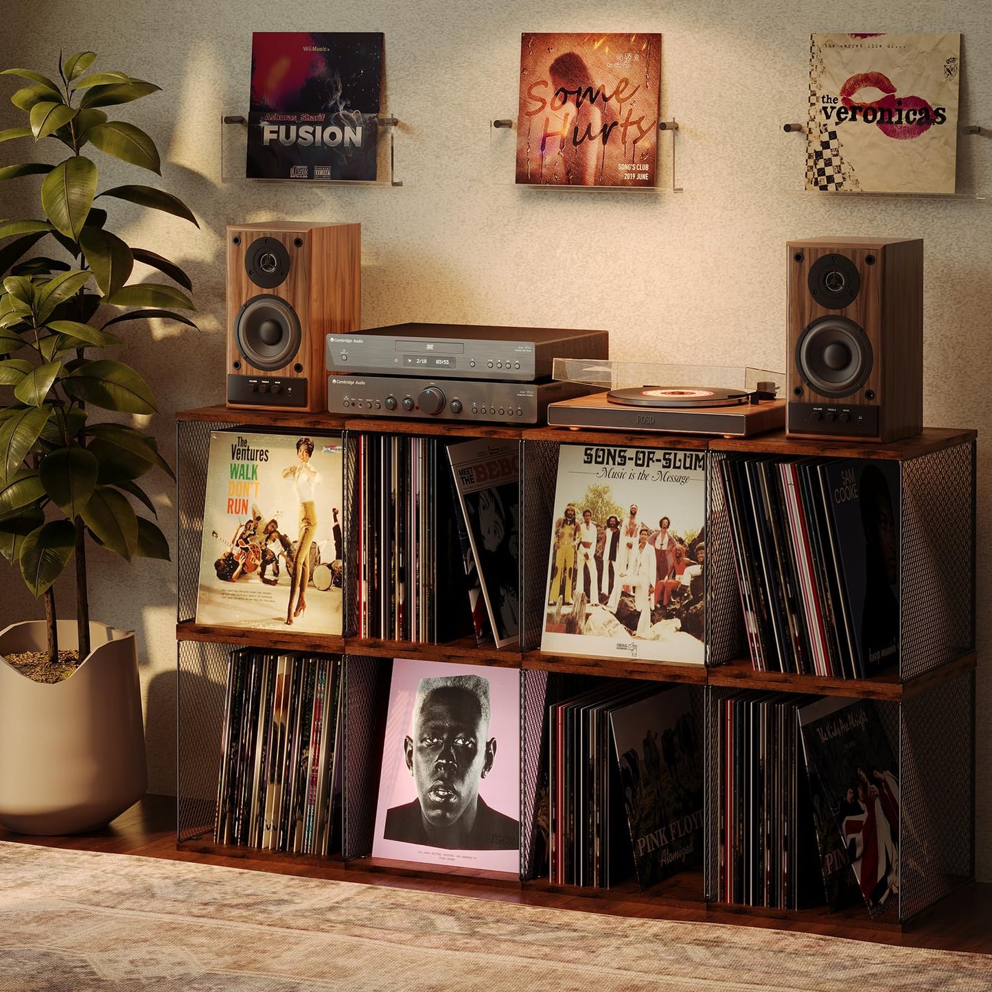 2 Cubes of Record Holder Shelf Storage Furniture - DIY Stackable 80-110 Vinyl Album Visualize Storage Box Cube - Natural Wooden Organizer Crate Cabinet
