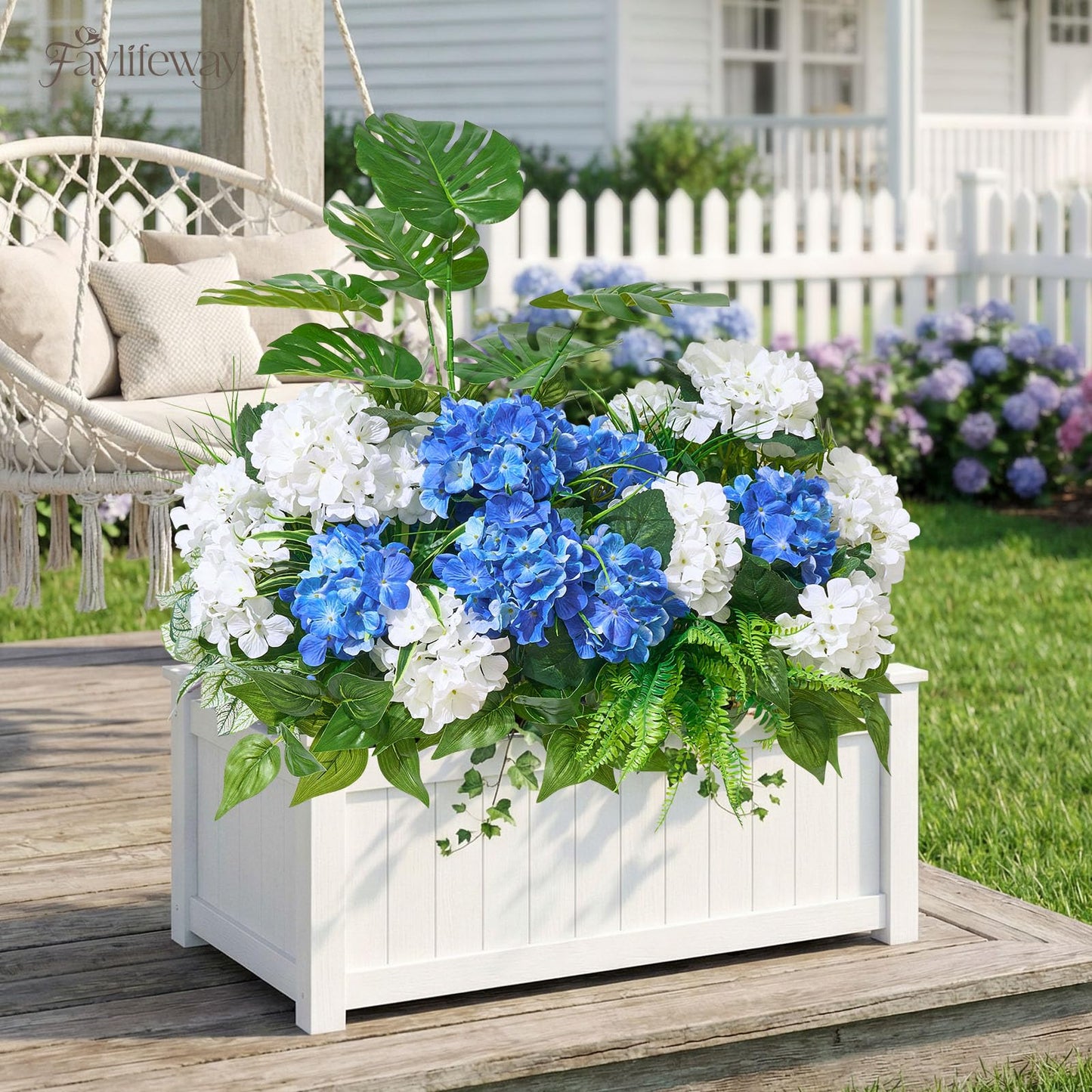 Faylifeway 12 Heads Artificial Flowers for Outdoors, UV Resistant Faux Hydrangea Flowers for Outdoor Planters Front Porch Garden Window Box Patio Decor （White&Blue）