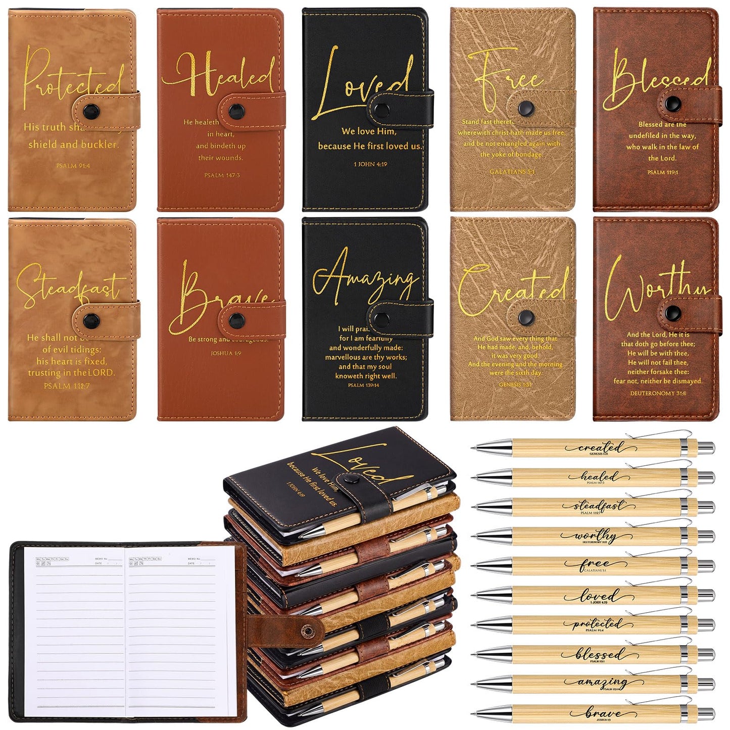 Spakon 40 Pcs Fathers Day Christian Gift Bulk Prayer Leather Journal Religious Inspirational Scripture Notebooks with Bible Verse Pens for Church Women Men Graduation (5 Colors)
