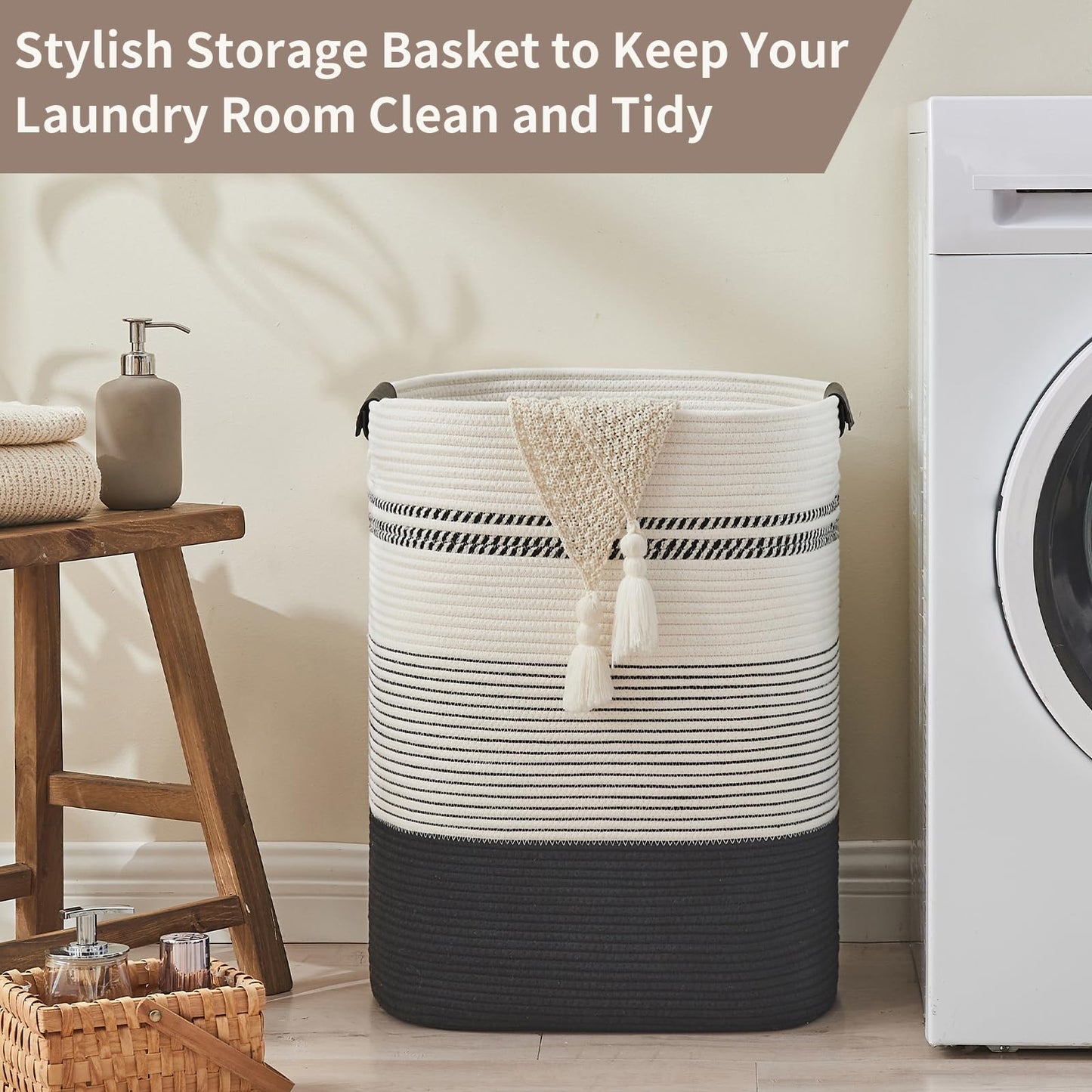 DOFASAYI Laundry Hamper - 85L Large Laundry Basket with Leather Handles, Decorative Storage Basket for Blankets - Clothes Hamper for Living Room, Bedroom, Black & White
