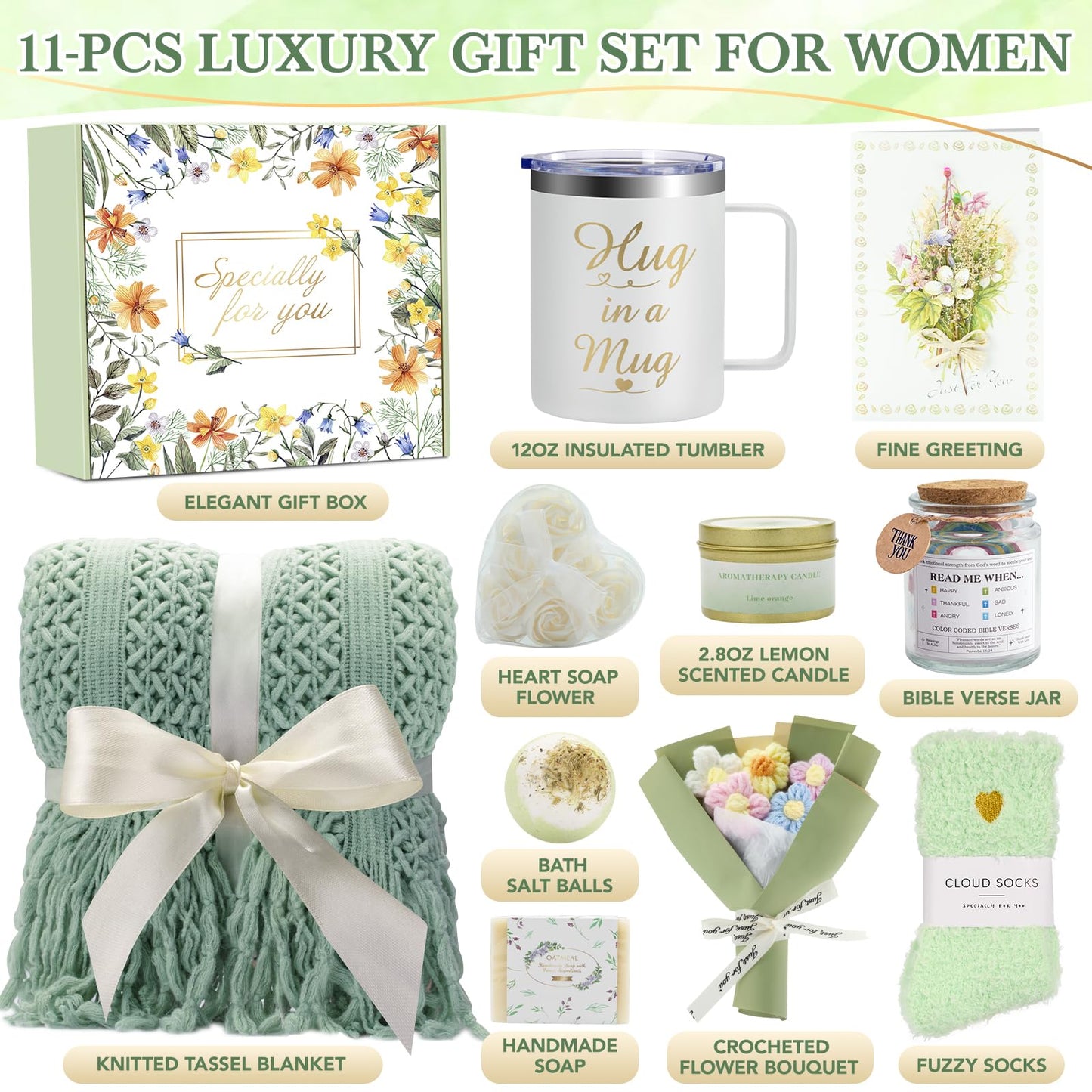 Mother's Day Gift Baskets for Women, 11 PCS Unique Birthday Gifts for Women, Self Care Gift Baskets, Thank You, Sympathy Inspirational Friendship Gifts for Mom, Grandma, Wife, Sister, Friends