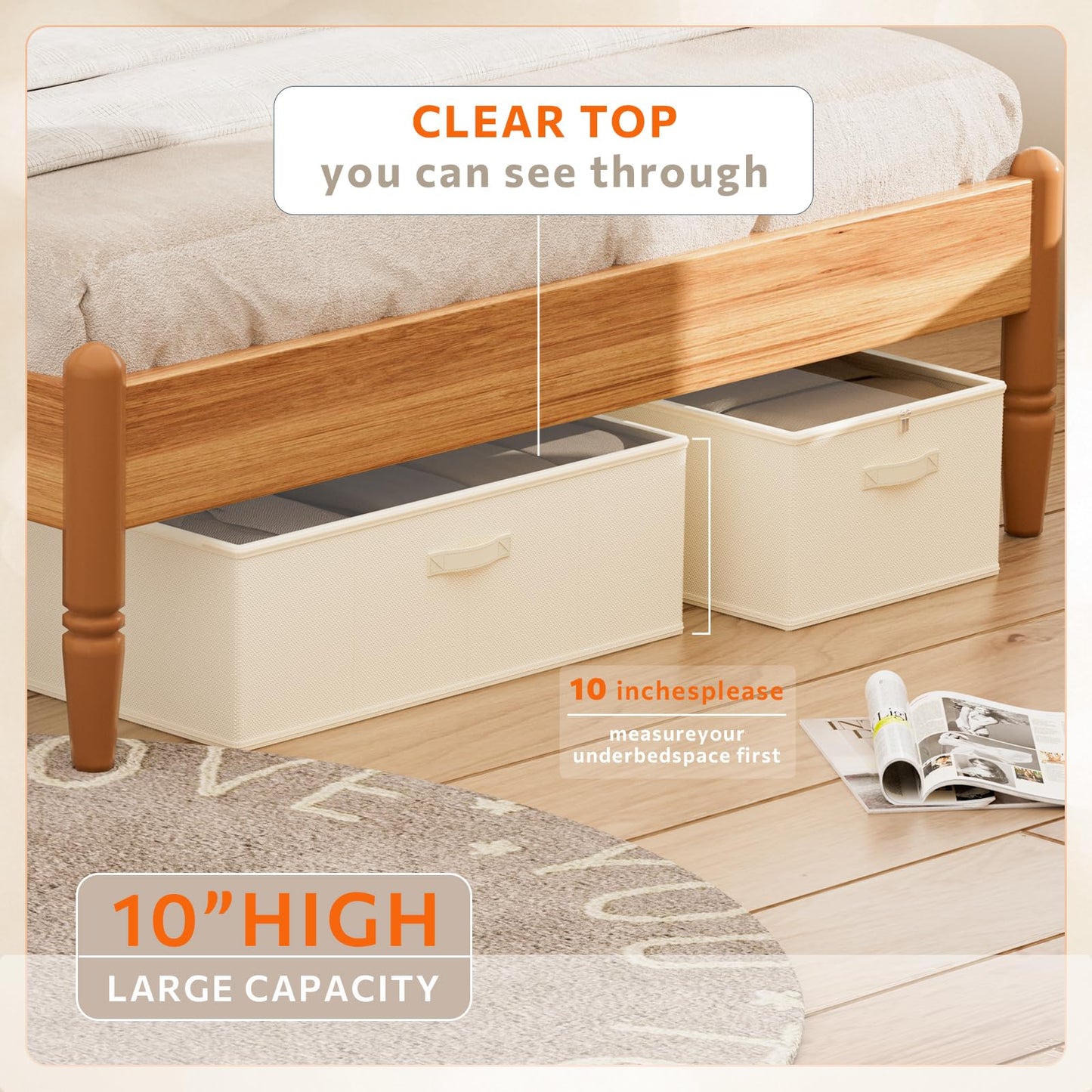 Chizjox 10inch 3 Pack Under Bed Storage Containers, 10 Inch Tall Underbed Clothes Storage Organizer Bin with Clear Window，Foldable Box Basket for Clothes, Closet, Bed Sheets and Blankets Beige