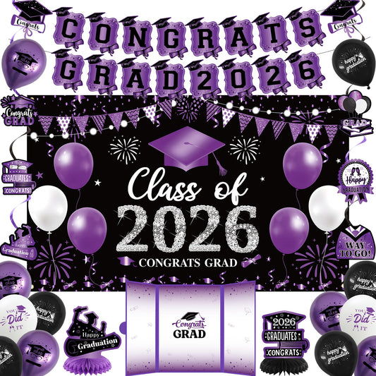 Vlipoeasn Purple 2026 Graduation Party Decorations 2026 College/High School Graduation Decorations Party Supplies, Black and Purple Class of 2026 Congrats Grad Backdrop Banner Signature Book