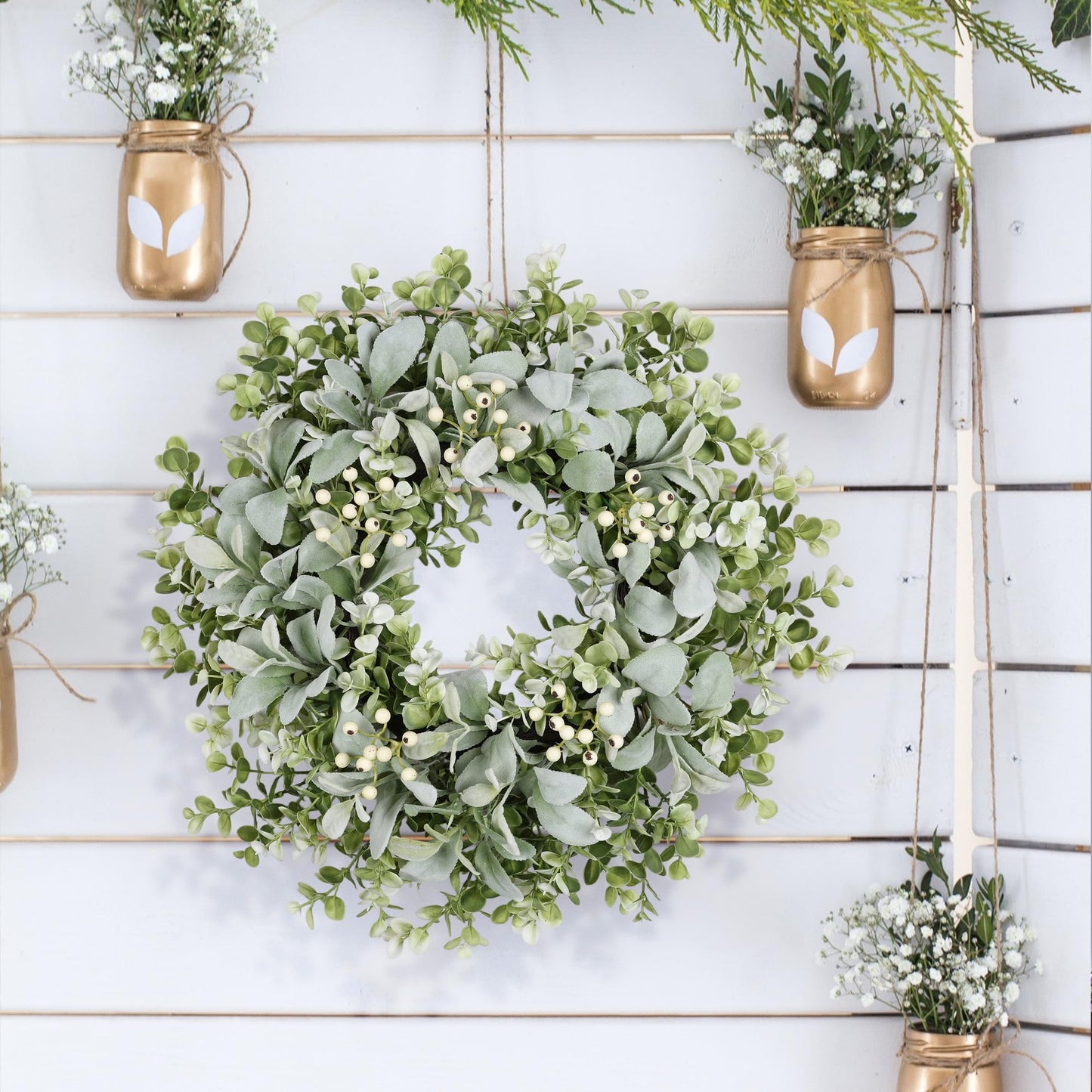 26 Inch Large Lambs Ear Wreaths for Front Door Spring Summer Lambs Leaves with White Berries, Artificial Greenery for Farmhouse Porch Wall Living Room Home Widding Decor for All Seasons Wreaths