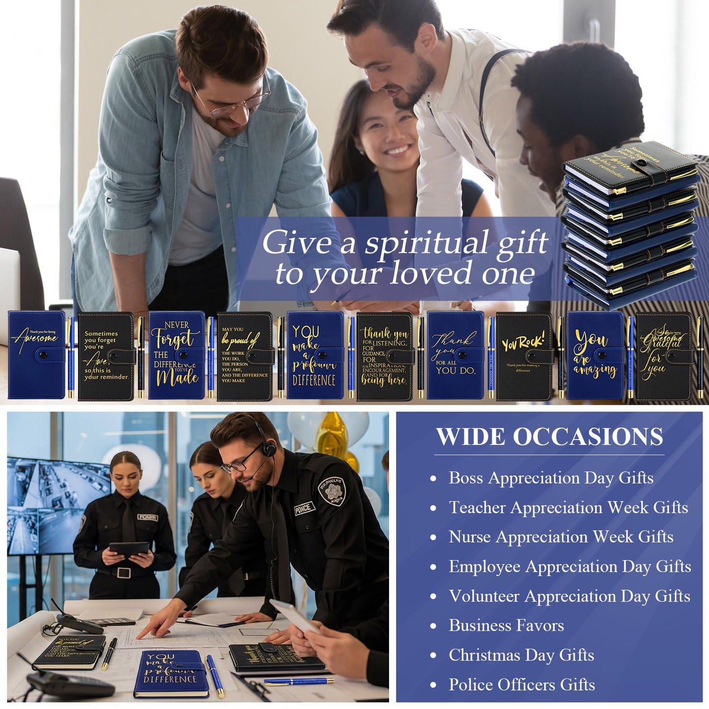 Dispowreath 20 Sets Thank You Leather Journal Notebook with Inspirational Ballpoint Pens Fathers Day Teacher Nurse Employee Gift for Police Officer Men Coworker Team (Black and Blue,Appreciation Sign)
