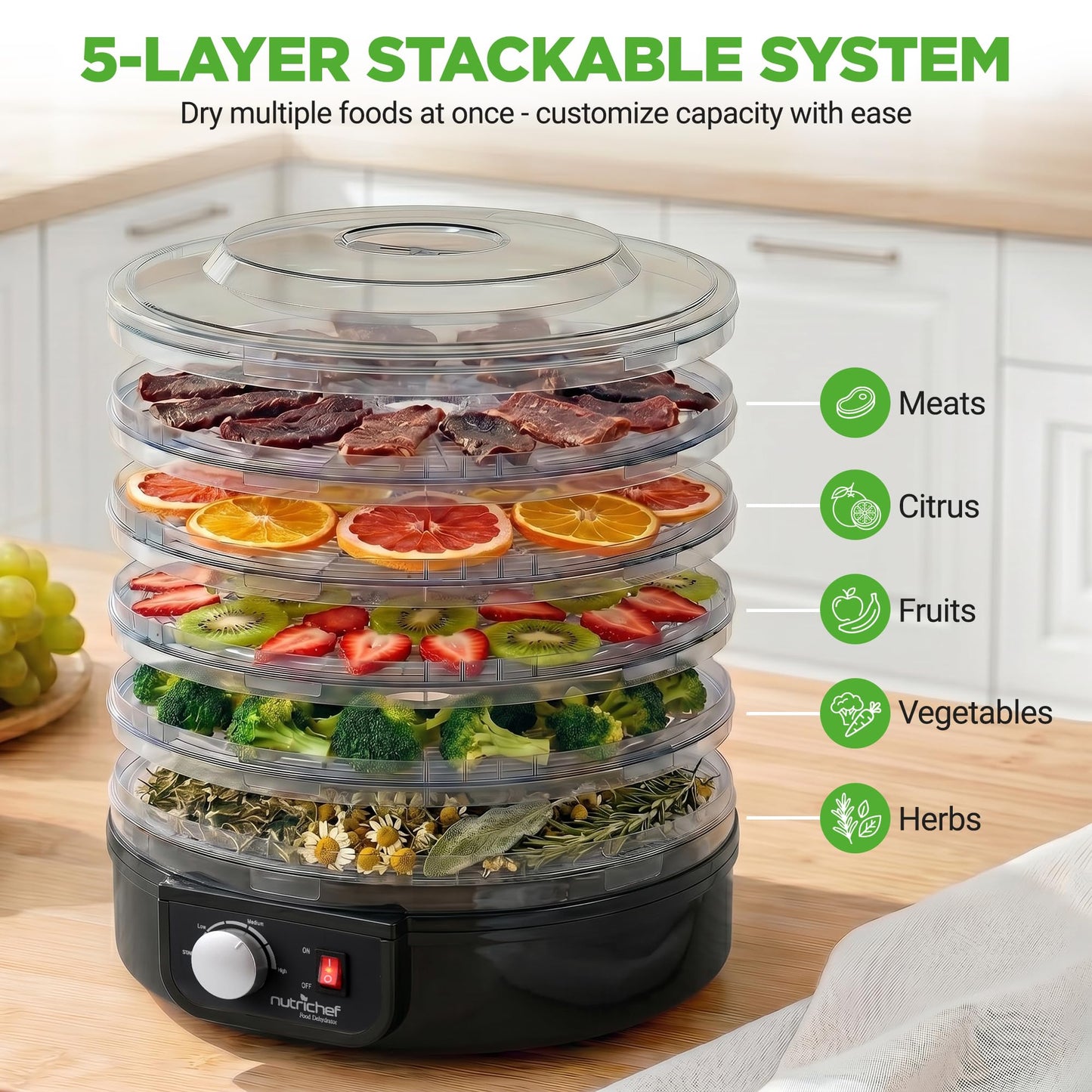 NutriChef Electric Countertop Food Dehydrator - Professional Multi-Tier Food Preserver - Dehydrates Fish, Meats, Mushrooms, Fruits & Vegetables - 5 Easy to Clean Stackable Trays., One Size, Black