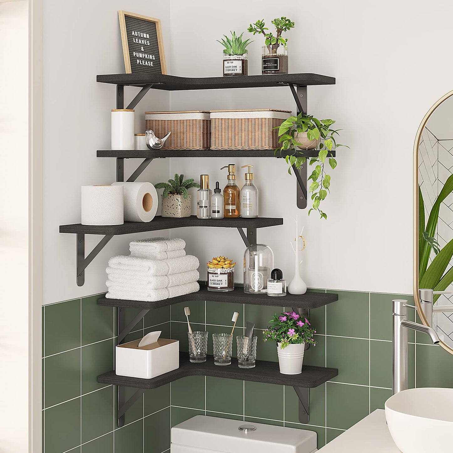 Fixwal Corner Shelves Wall Mounted Set of 5, Floating Shelves for Wall Bathroom, Kitchen, Bedroom, Home Decor, Laundry Room, Living Room (Black)