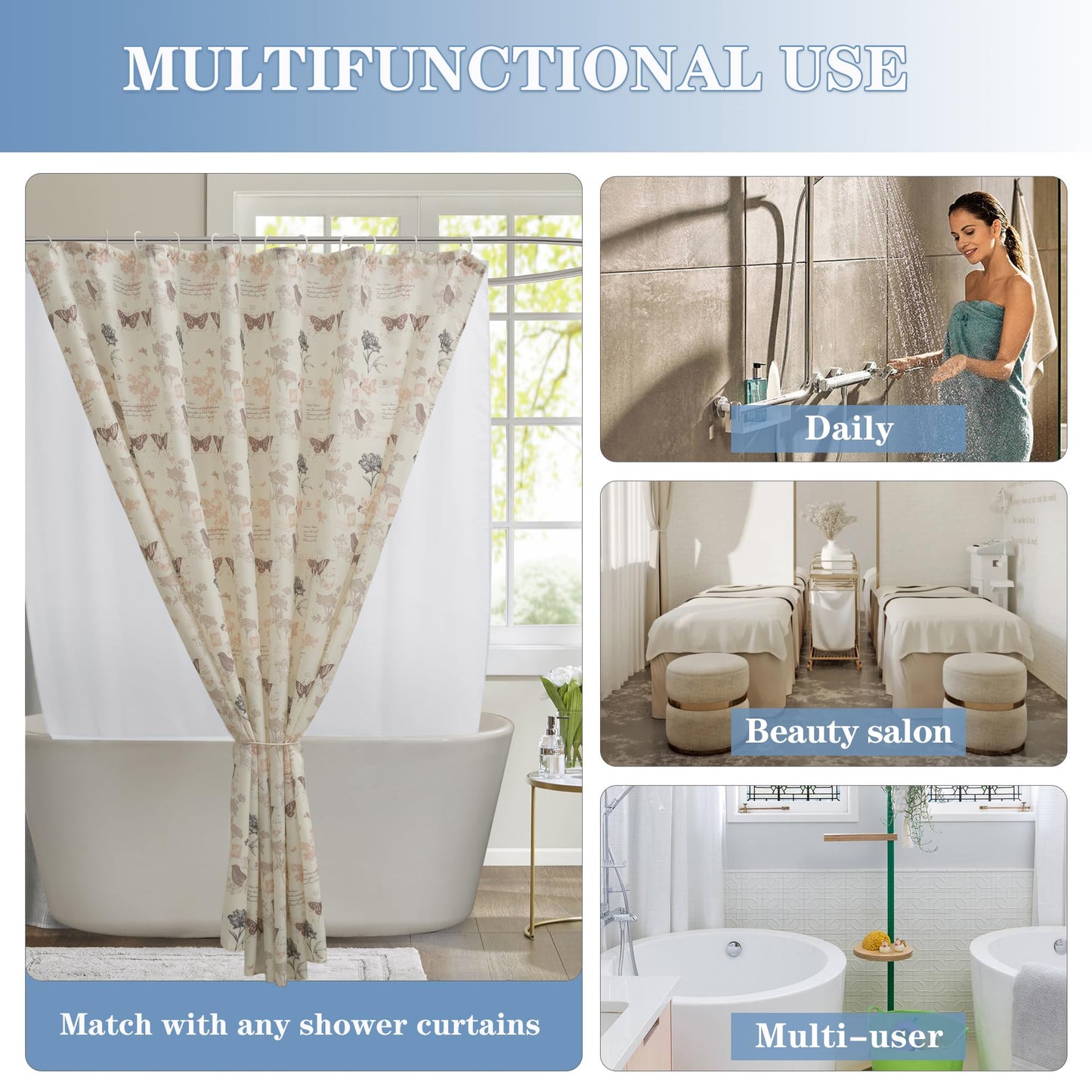 Nasitos Fabric Shower Curtain Liners 4 Pack - W72 x H72 - Washable & Water Resistant Cloth Shower Liner for Bathroom, Soft Hotel Quality, Standard Size (White, Include 8 Separate Magnets)