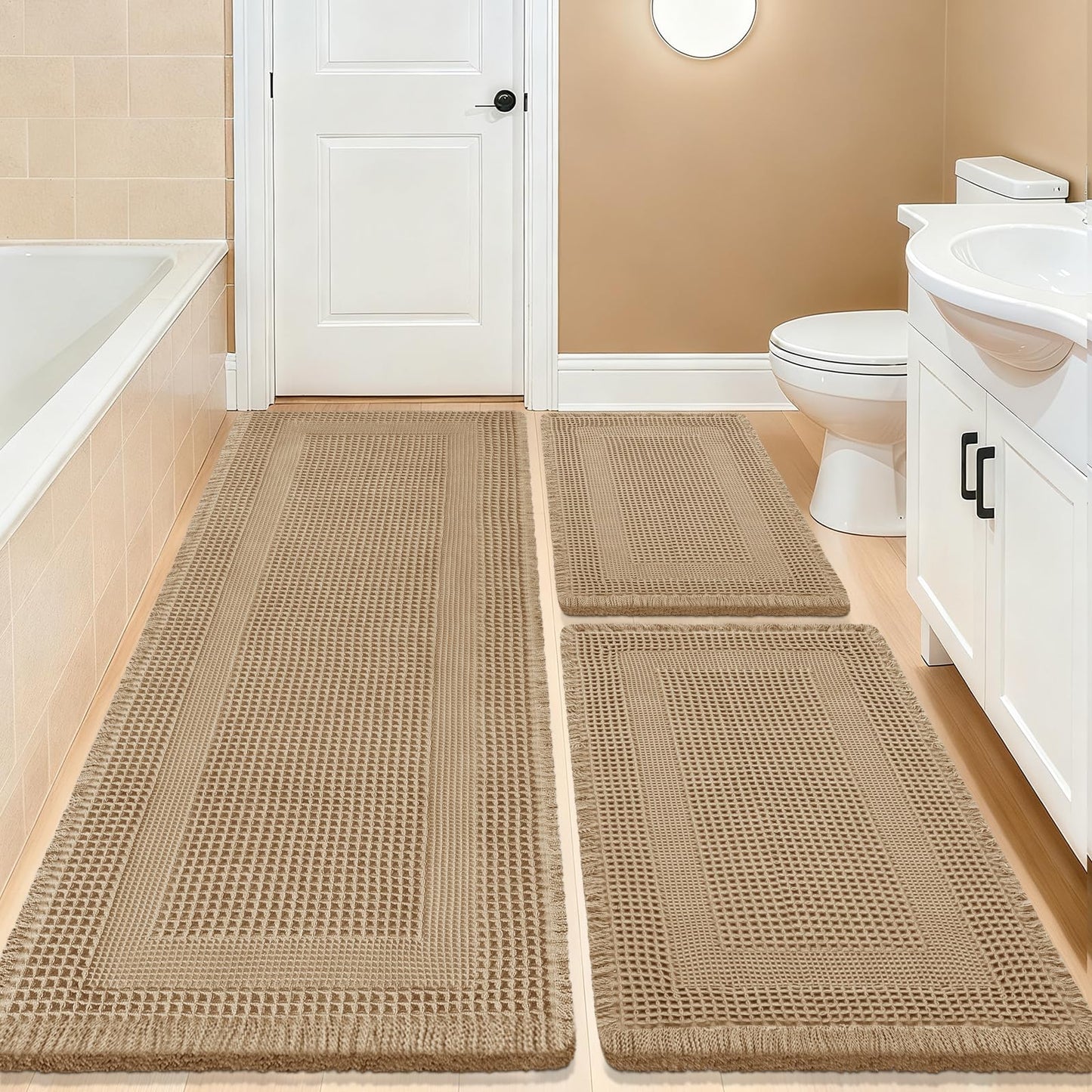 Upgrade Waffle Bath Mat Set 3 Piece, Boho Bathroom Rugs Absorbent Non Slip, Ultra Soft Bathroom Mat, Machine Washable Knit Bath Rugs with Tassels for Bathroom, Bedroom, Kitchen, Shower, Tub, Beige
