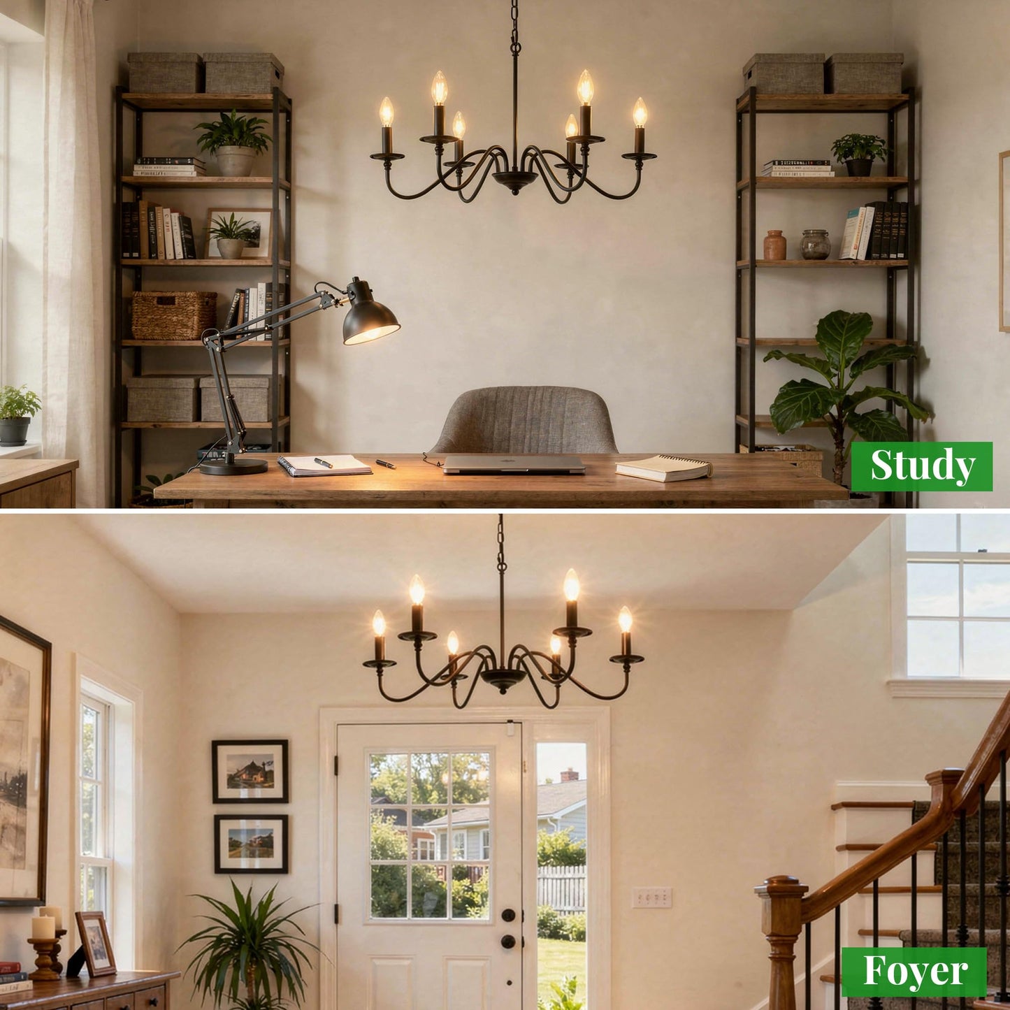 Phaosio Black Chandelier, 6-Light Farmhouse Candle Chandelier 29'', Rustic Industrial Hanging Light Fixture for Dining Room, Kitchen Island, Living Room, Entryway, Bedroom, Foyer