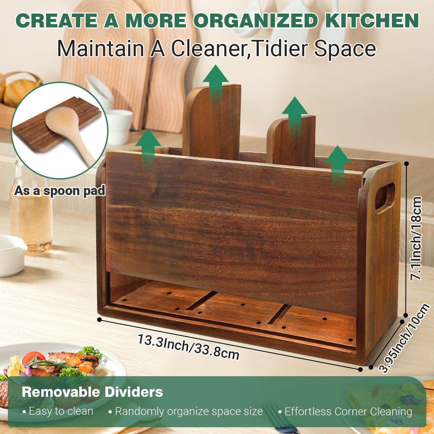 LAGOUPICK Kitchen Utensil Holder for Countertop with 4 Compartments Acacia Large Utensil Holder Wooden Storage for Cooking,Baking,Flatware Tool Kitchen Utensil Organizer