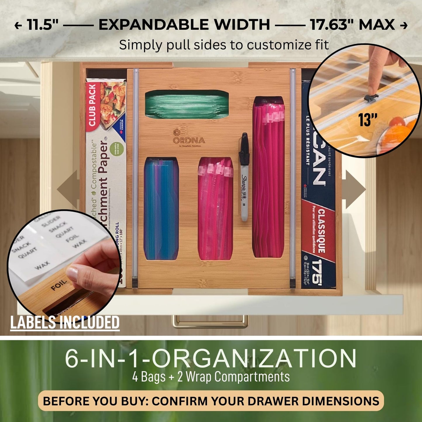 Ordna 6 IN 1 Bamboo Baggie Organizer for Drawer with Labels, Expandable Storage Bag Organizer with Aluminum Foil and Saran Wrap Cutter Compatible with Quart, Gallon, Sandwich and Snack Size Bags
