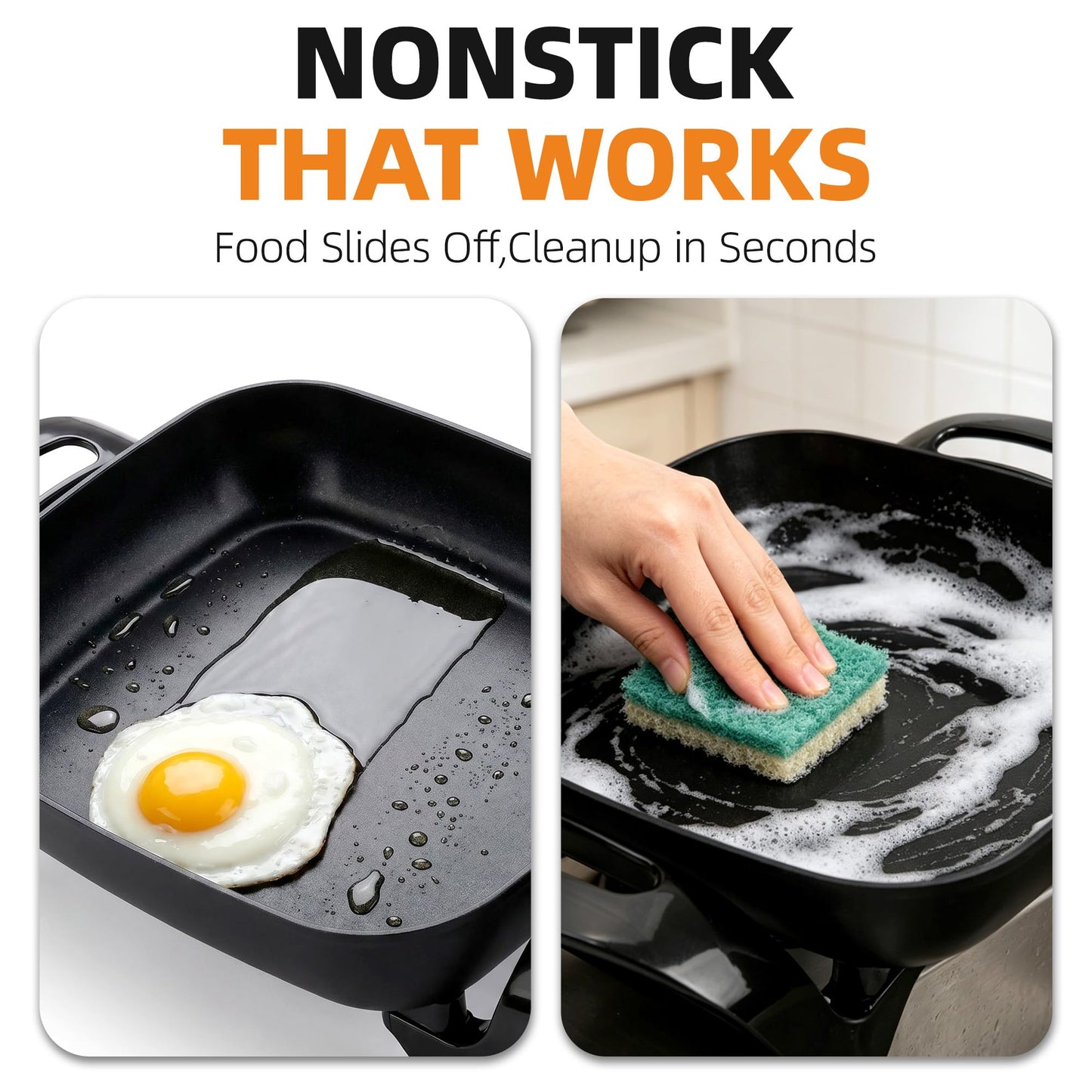 I-Keukenn 12" Ceramic Nonstick Electric Skillet with Tempered Vented Glass Lid, Scratch-Resistant Surface, Cool-Touch Handles, Removable Easy-to-Clean Design, 1200W, Sleek Black