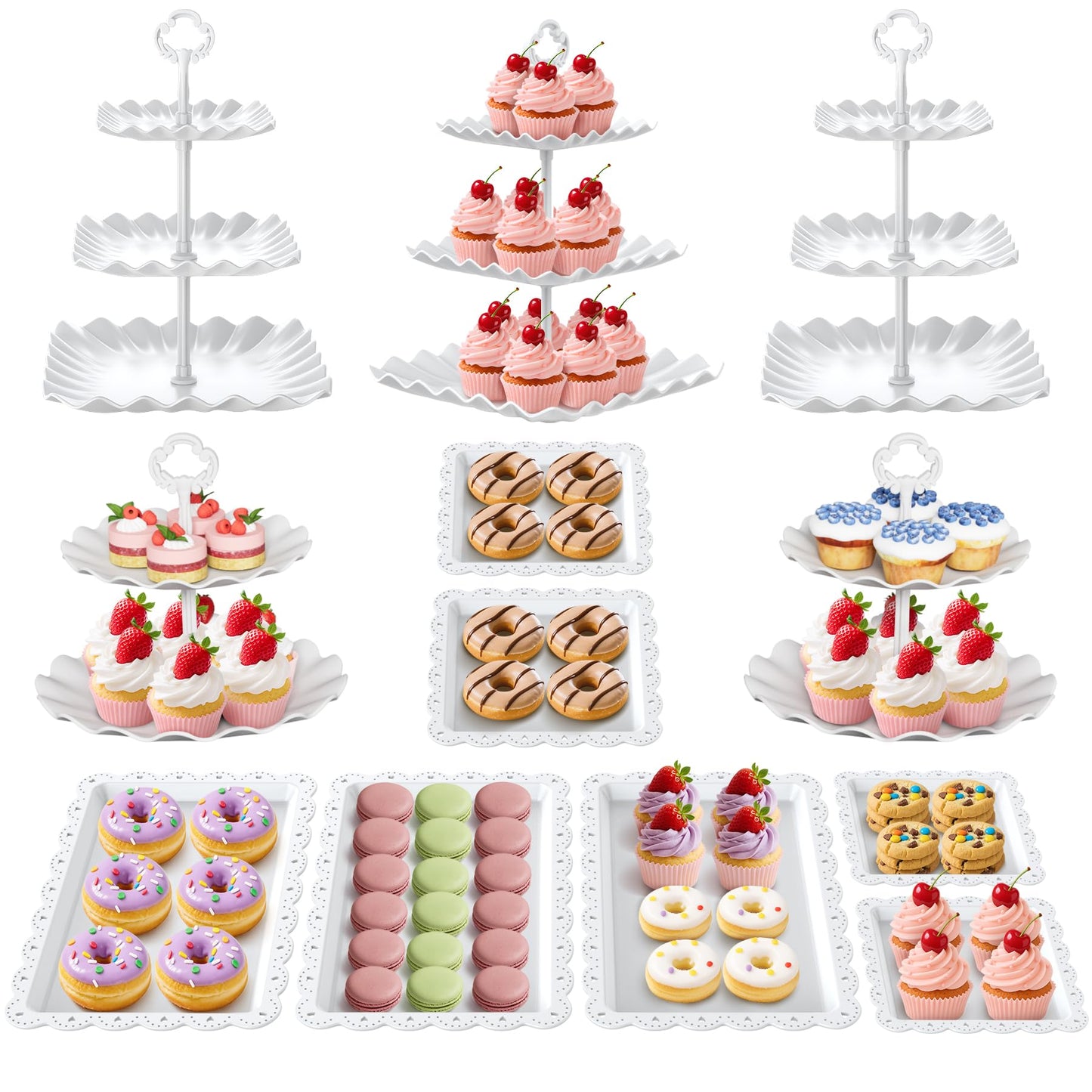 12Pcs Dessert Table Display Set, Cupcake Stand, 3-Tier Cup Cake Tower Stands & 2-Tiered Cake Holder, Treat Food Platters Serving Trays for Tea Party, Baby Shower, Bridal, Wedding, Birthday, Plastic
