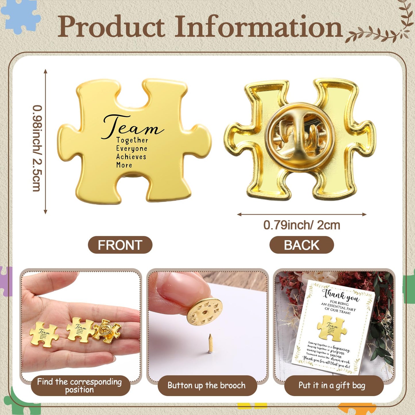Solsew 60 Sets Teacher Appreciation Gift for Employees Puzzle Piece Lapel Pins Bulk with Thank You Cards for Team Nurse Volunteer Staff Coworker Office Soccer Baseball Team Building Ems Cna Week Gift