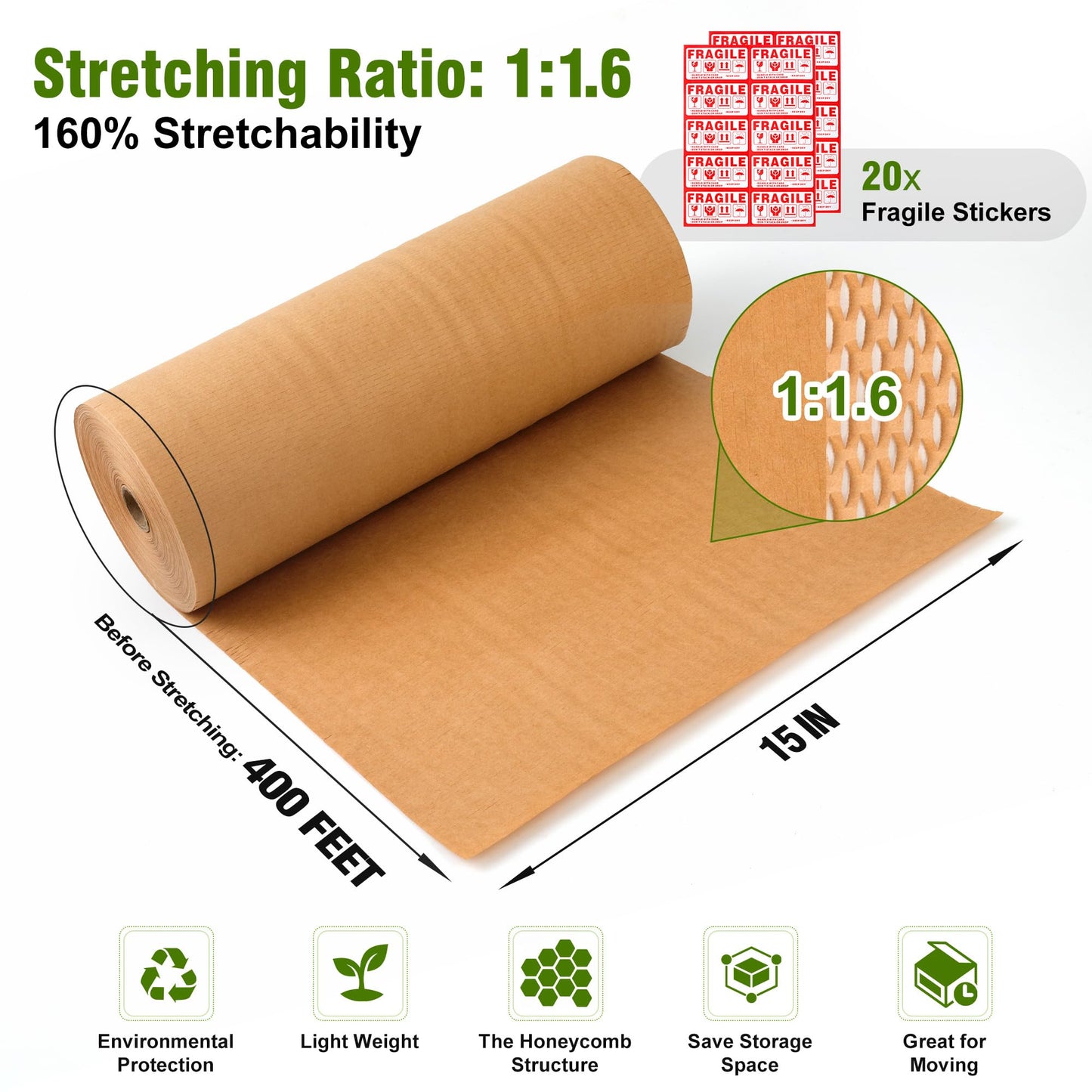 Honeycomb Packing Paper 15" Width X 400 FT for Moving Glass Dishes Recyclable Wrapping Paper Bubble Wrap Packing Material for Shipping Fragile Items Shipping Filler with 20 Fragile Stickers
