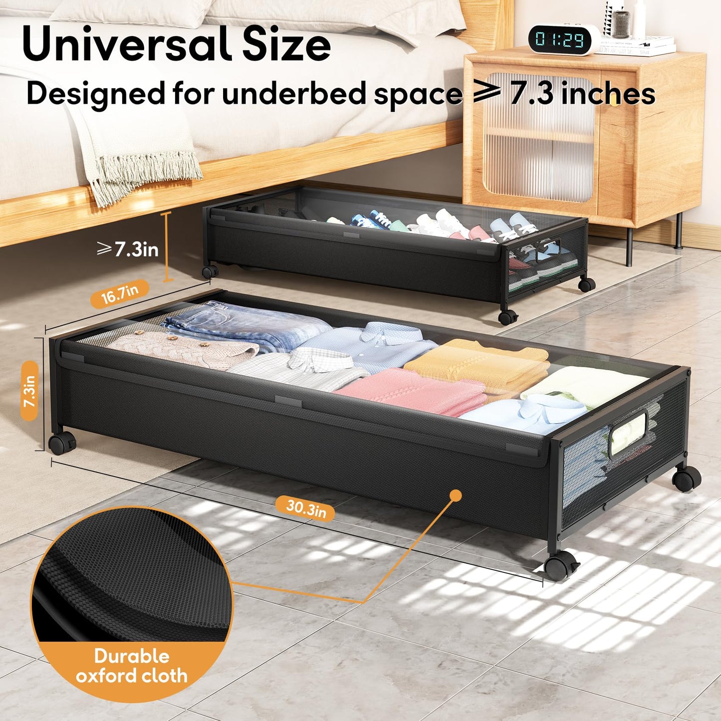 LeArex Under Bed Storage Containers with Wheels 2 Pack Underbed Shoe Storage Bedroom Storage Bins Organizer Large Capacity Under Bed Storage with Lid for Clothes Shoes Toys Blankets (Black)