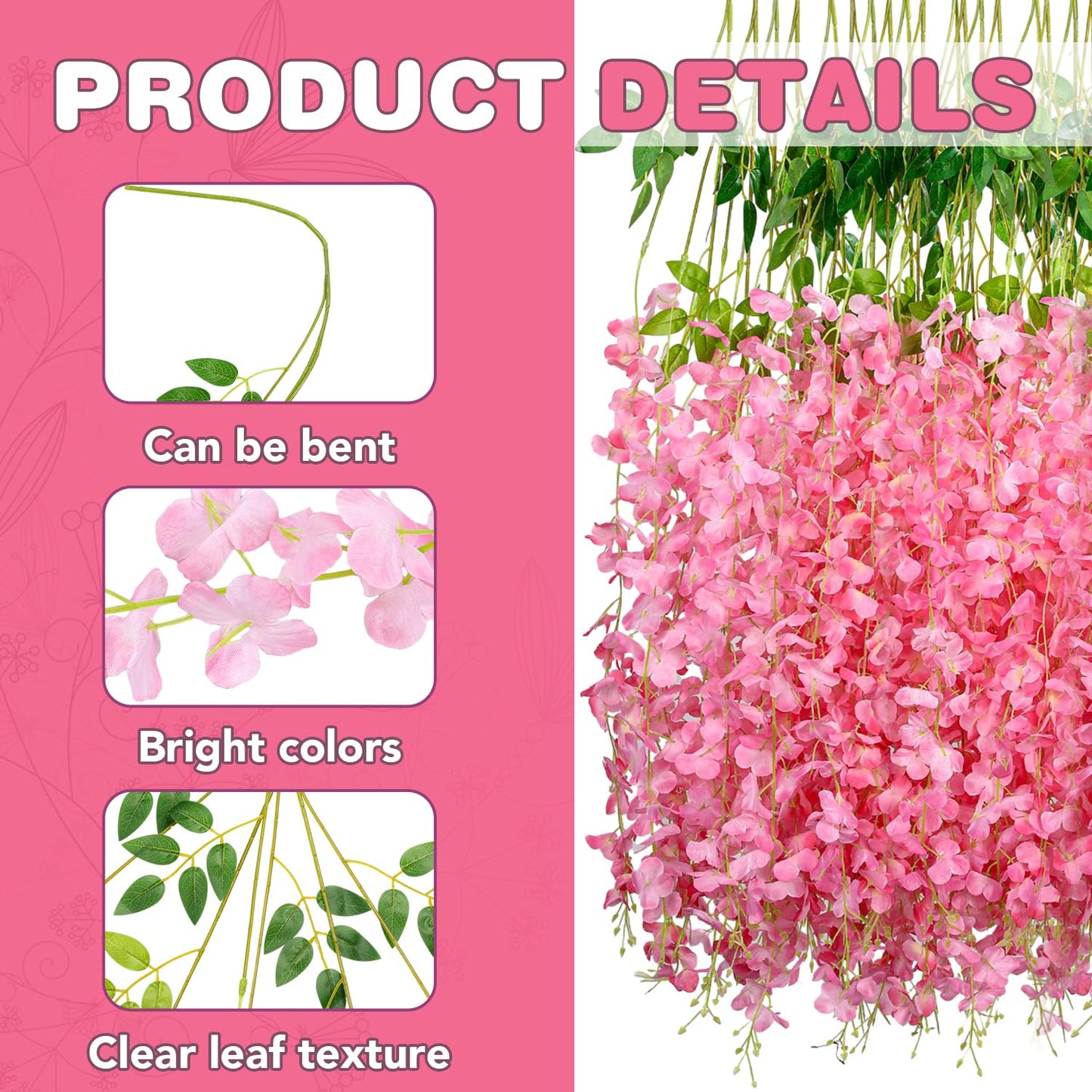 Alotiki Wisteria Hanging Flowers,36 Pack Fake Hanging Flowers Wisteria Artificiales Garland for Home Wedding Arch Floral Party Garden Ceremony Outdoor Decor,3.6 Feet Long(36,Pink)