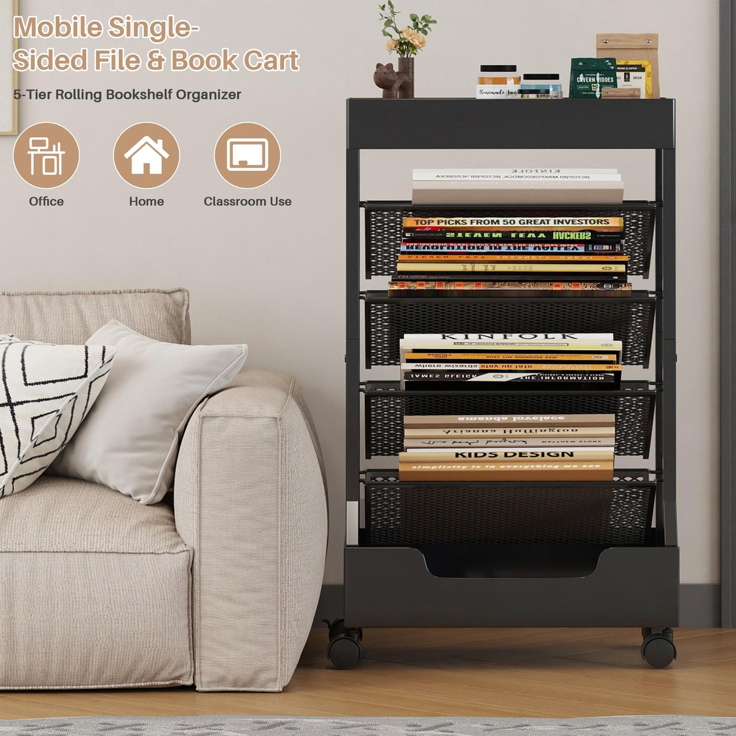 UMDONX Modern Mobile Book Cart Single-Sided Rolling Bookshelf with Metal Top & Base, Premium Snap-in Shelves, Heavy Duty & Elegant Storage for Home Study, Office, Classroom Black