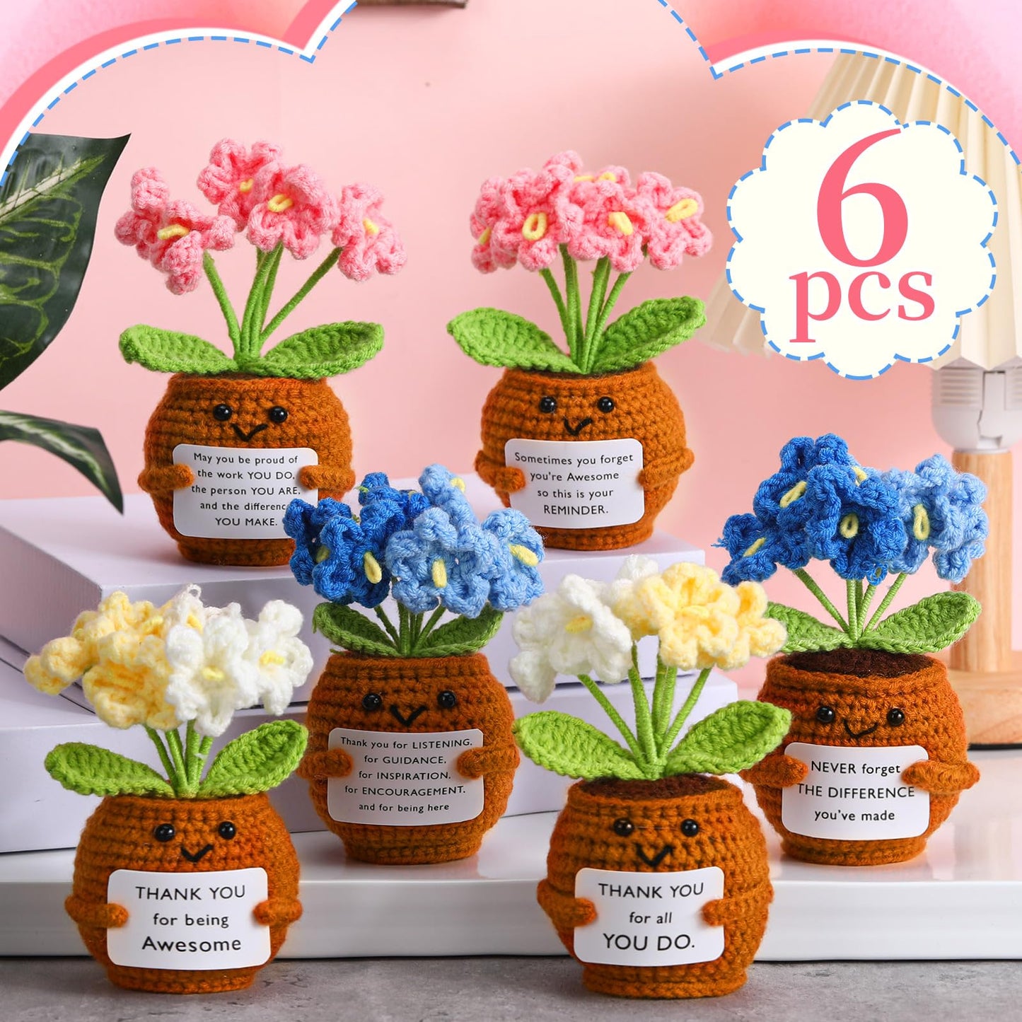 Wavwavw 6 Pcs Employee Appreciation Gifts Bulk Thank You Gifts for Team Coworkers Staff Positive Handmade Crochet Doll with Inspirational Card for Women Men Office EMS CNA(Forget Me Not)