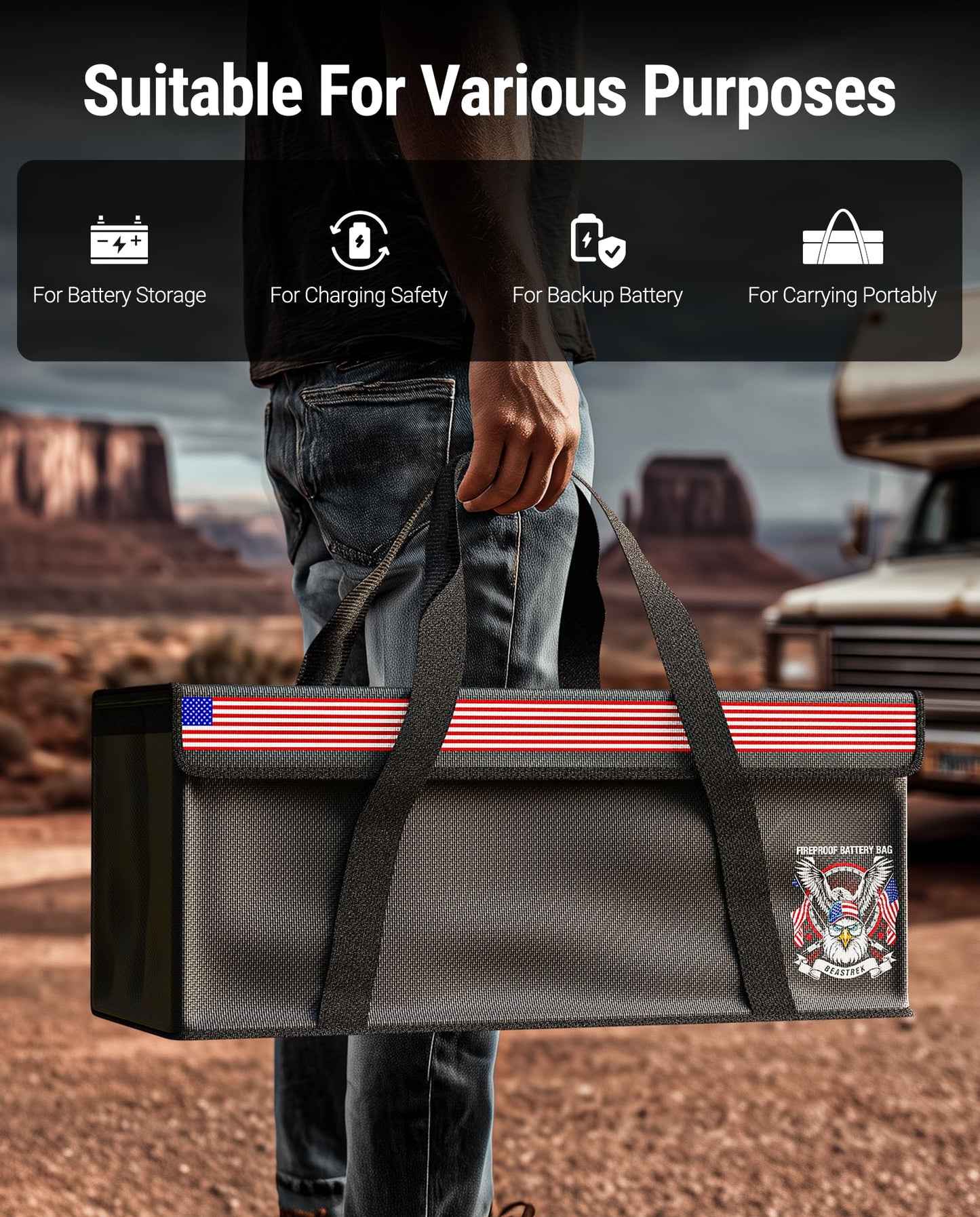 BeasTrek 200AH LiFePO4 Lithium Battery Fireproof Bag,Large Capacity Explosion-proof Lipo Battery Safe Bag for Charging and Storage,Compatible with LiTime and Renogy(21.9 * 9 * 9.4in)