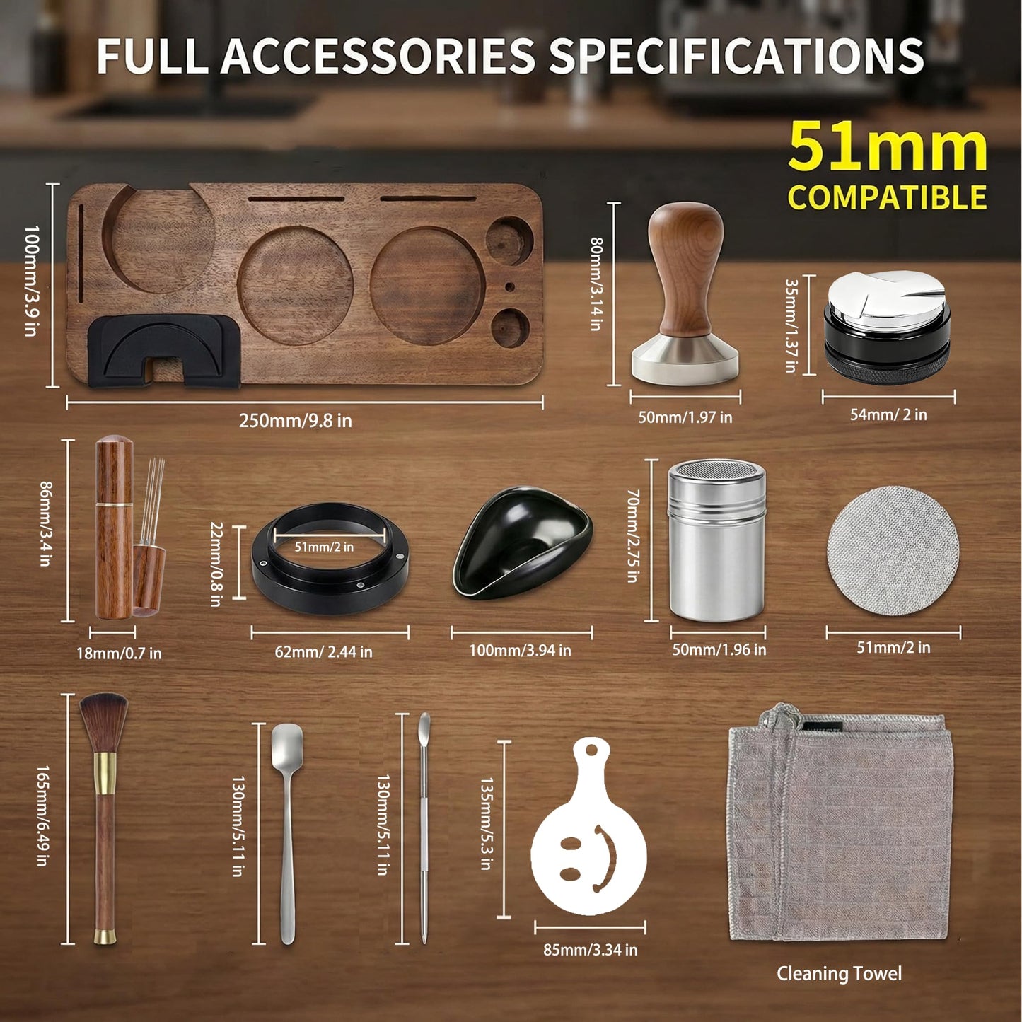 28PCS Espresso Accessories Kit, 51mm Espresso Tamper Tools, Espresso Machine Accessories Set with Wood Station, Distributor, WDT Tool, Puck Screen, Dosing Funnel, Powder Shaker, Latte Pen & Stencils