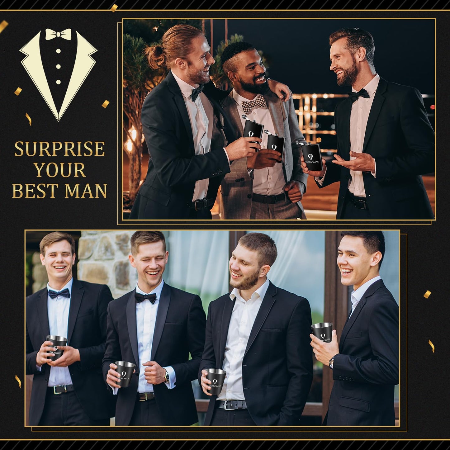 50Pcs Groomsmen Gifts Groomsmen Proposal Box with Flasks Sunglasses PU Leather Toiletry Bag Bottle Opener for Wedding Groomsman Best Man Gift (Black)