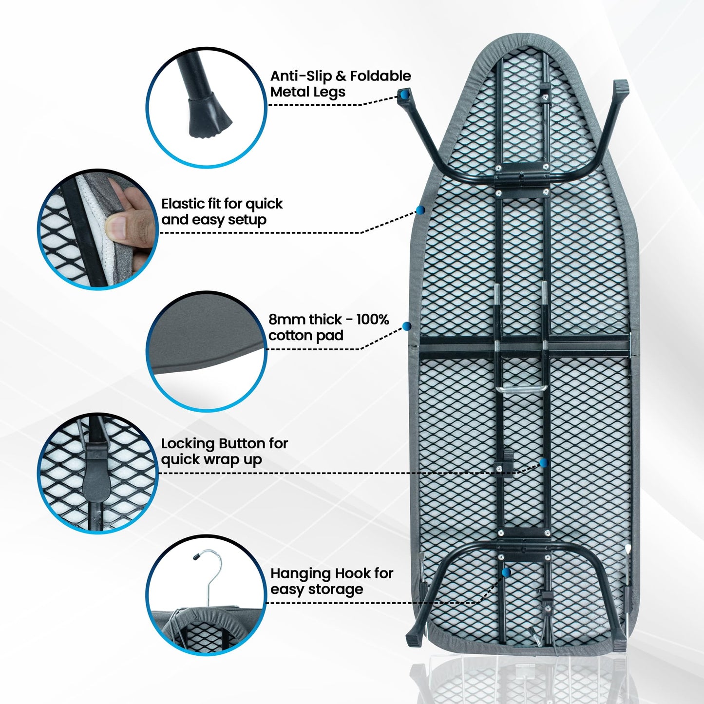 OXZOR Metal Mesh Panel Tabletop Ironing Board | Foldable Iron Board | Heavy Duty Small Iron Board with Heat Resistant Cover and 100% Cotton 8mm Thicken Pad (Grey)