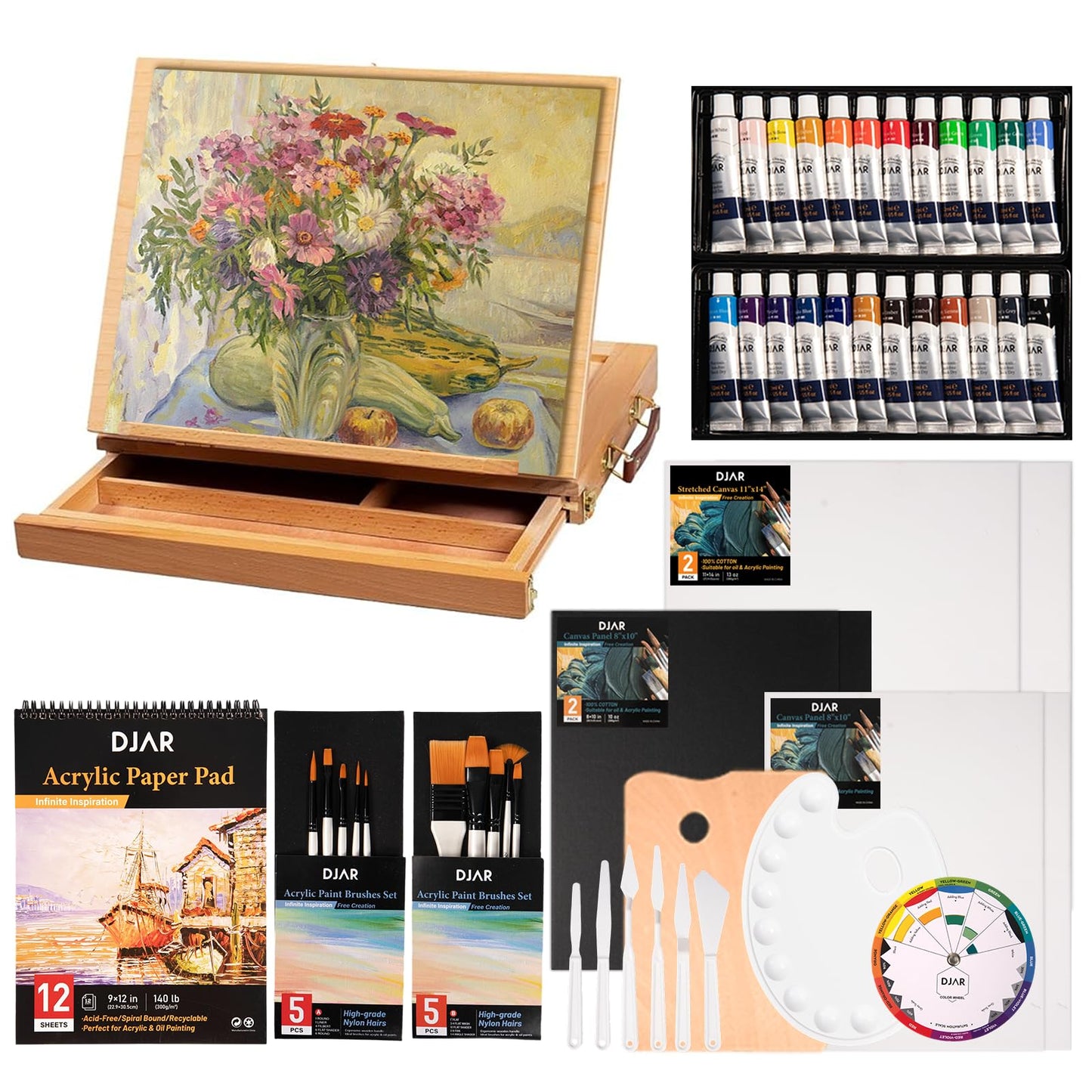 DJAR 49 pcs Acrylic Paint Set with Tabletop Easel Box, 24 Acrylic Paint Colors, Sketchbook, Painting Pads, and Complete Acrylic Art Supplies Kit for Adults, Teens, and Beginners