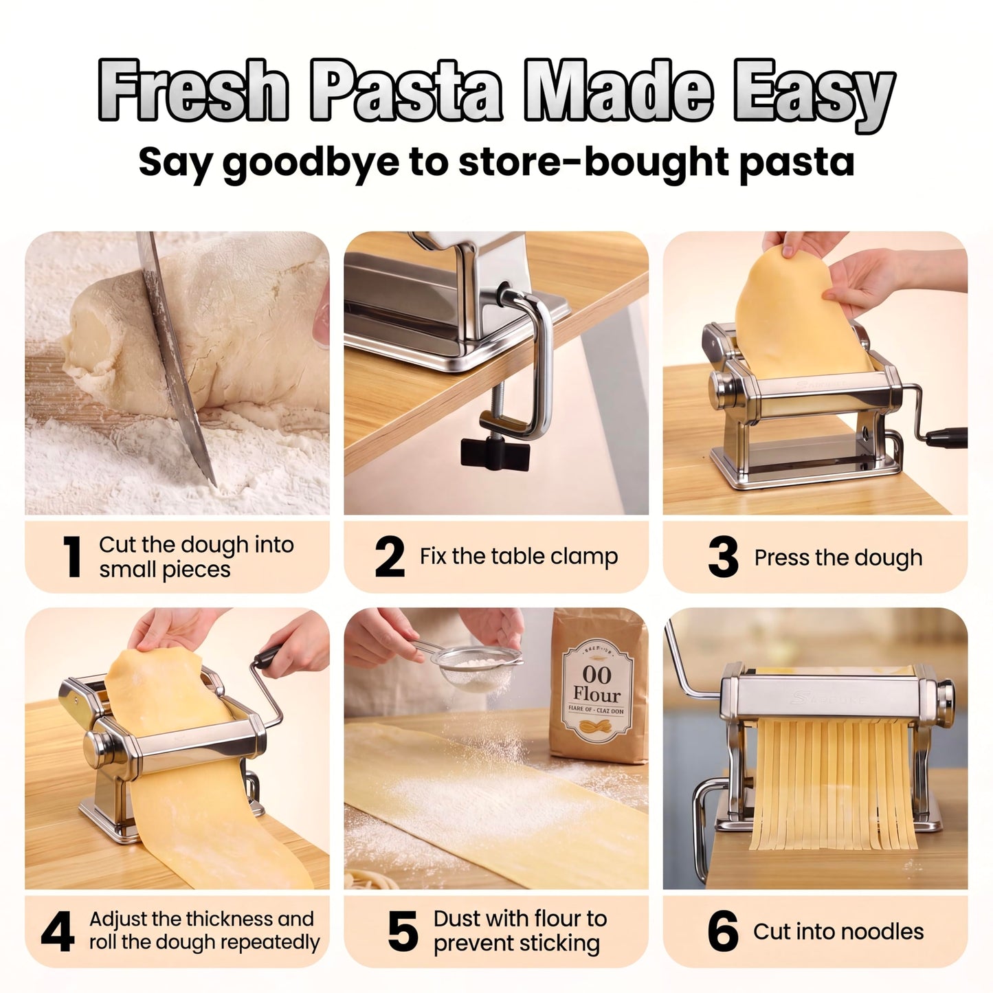 Sailnovo 3 in 1 Pasta Maker Machine - 9 Adjustable Thickness Settings Aluminum Alloy Pasta Roller & 2 Width Cutters for Fresh Spaghetti, Fettuccini, Lasagna, Dumplings - Stainless Steel, Silver