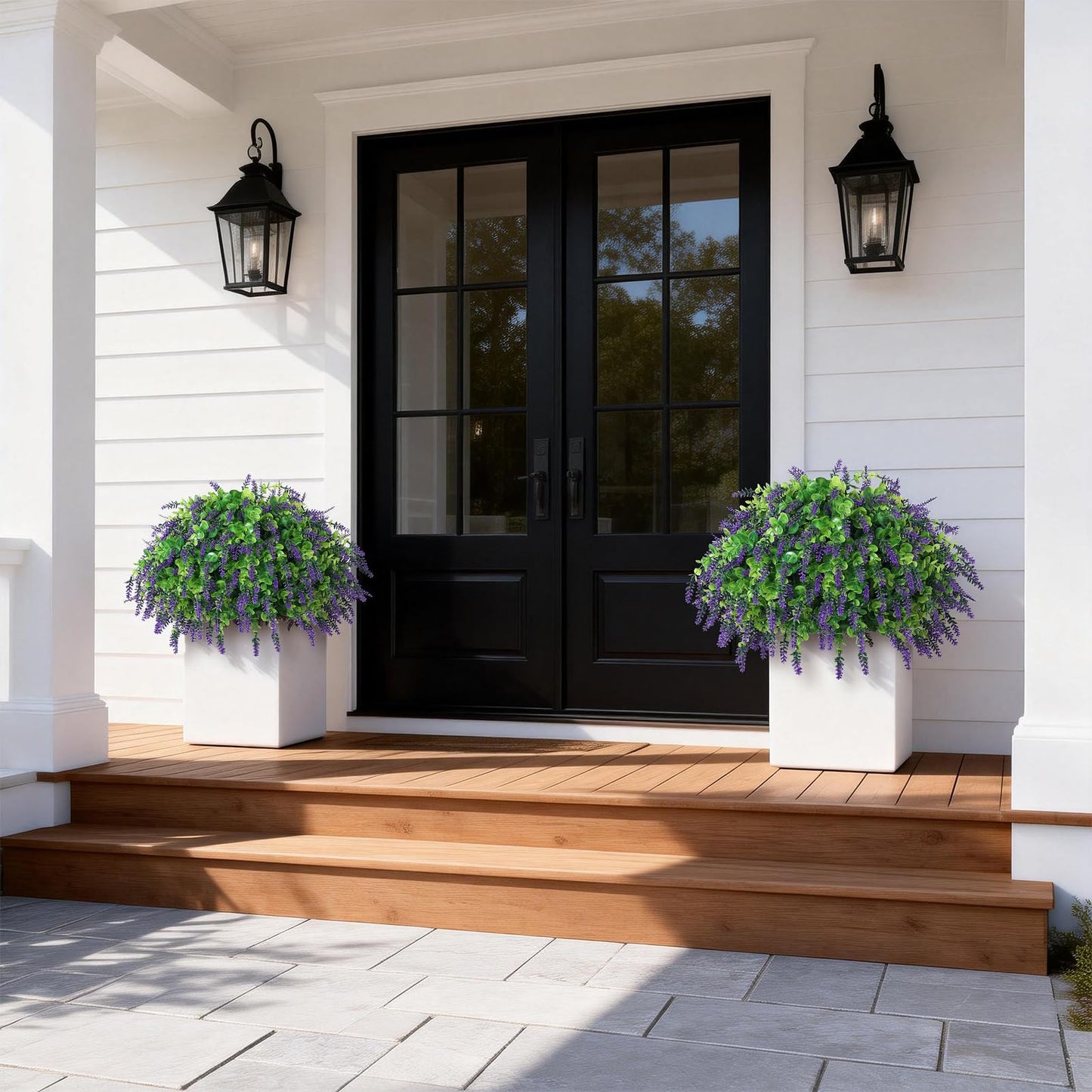 Artificial Eucalyptus & Lavender Topiary Ball Tree for Front Door - Set of 2 Topiary Trees with Pots, UV Resistant Faux Bushes Potted Plants for Porch Garden Farmhouse Outdoor Decoration