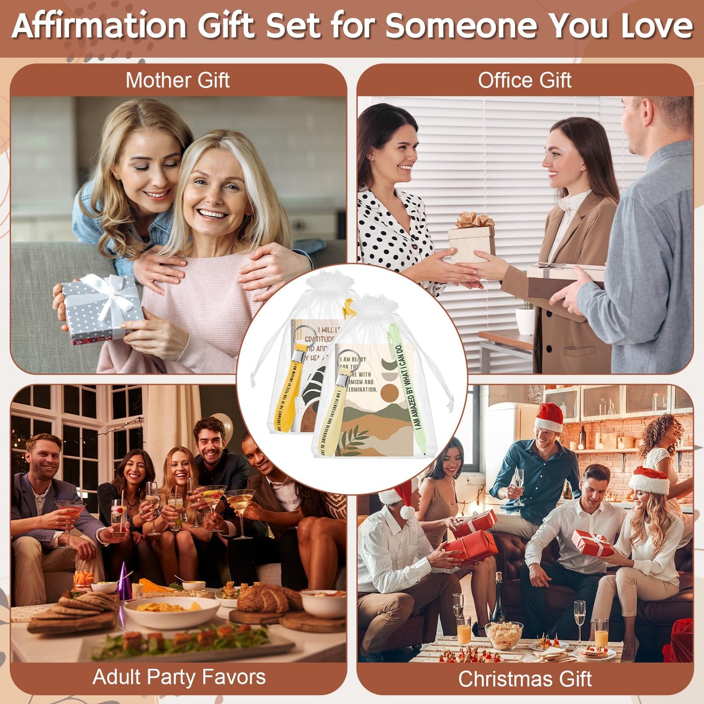 Mooliwe 48 Set Positive Affirmation Gift Set Gratitude Notebooks with Pens Keychains Small Bags Motivational Party Favors for Adult Women Coworkers Employee Group (Boho)