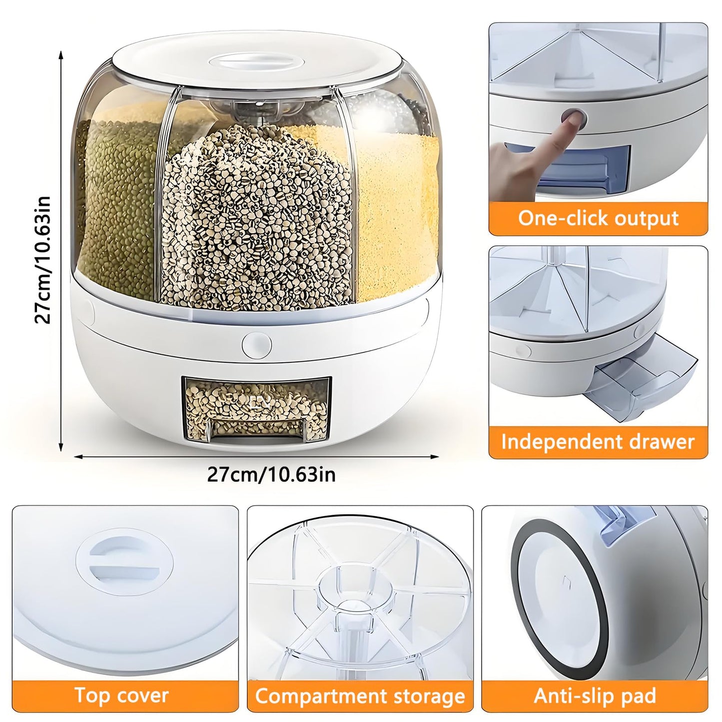 Wnnideo Rotating Grain Storage Bin 6 Grids Rice Container One-Click Output Large Capacity Food Dispenser For Rice Grains Sealed Moisture Proof Organizer (Large)