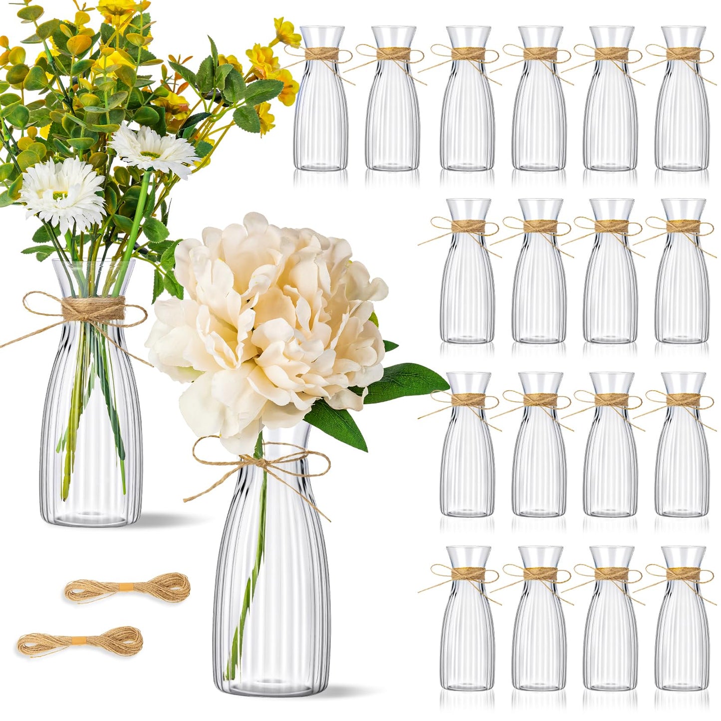 Ninehaoou 20 Pcs Plastic Flower Bud Vases Bulk with Twines Ropes Small Mini Flower Vases for Centerpieces Decorative Plastic Bottles for Wedding Reception Dining Table Home Decoration (Transparent)