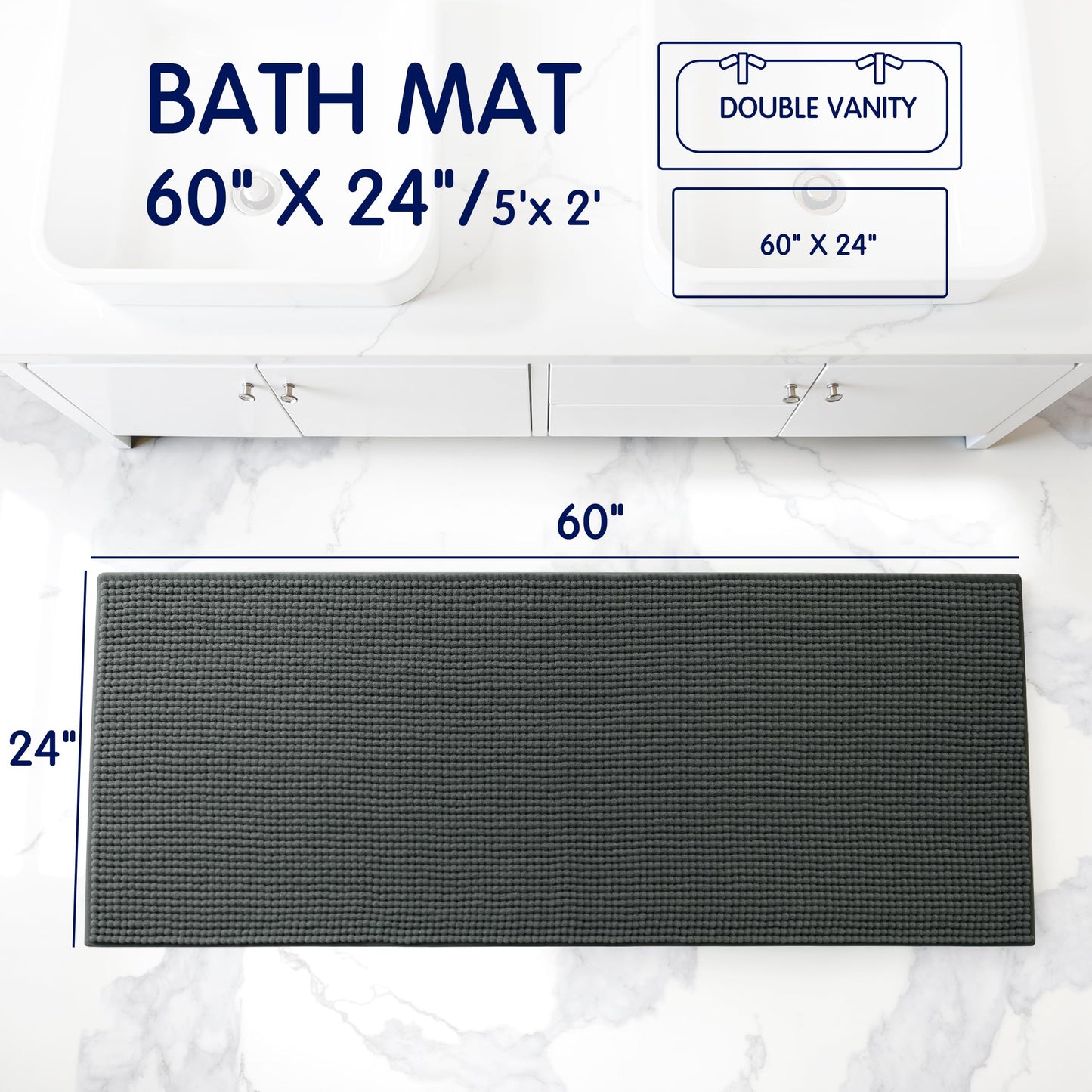 SUBRTEX Bathroom Rugs, 24" x 60" Chenille Bath Rug Soft Short Plush Bath Mat Soft Shower Mat Water Absorbent Shower Mat Quick Dry Machine Washable, Gray