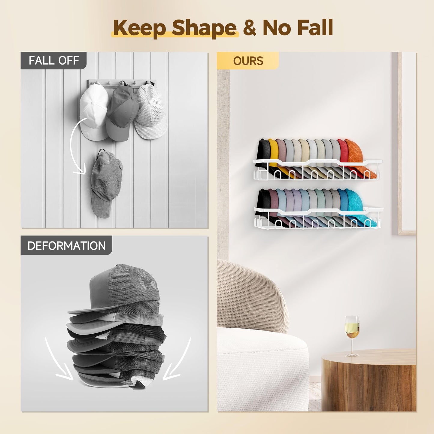 Nicetree Hat Racks for Baseball Caps Wall - Metal Hat Organizer for 48 Baseball Caps Holder, 2 Pack Hat Storage Organizer for Closet, Bedroom, Living Room White