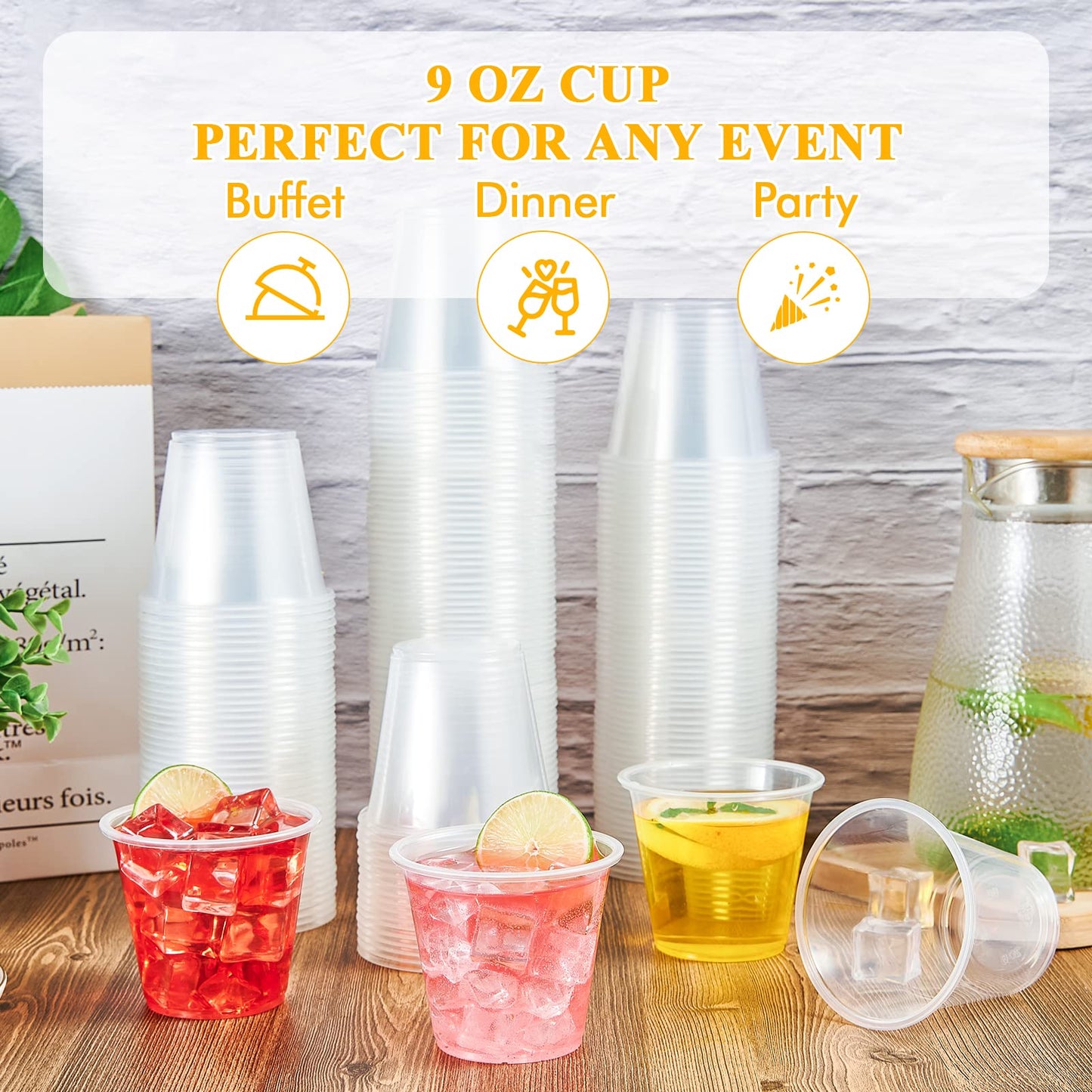 Lilymicky 600 Pack 9 oz Disposable Clear Plastic Cups, 9 Ounce Party Cups for Cocktail, Parties, Picnics, and Events