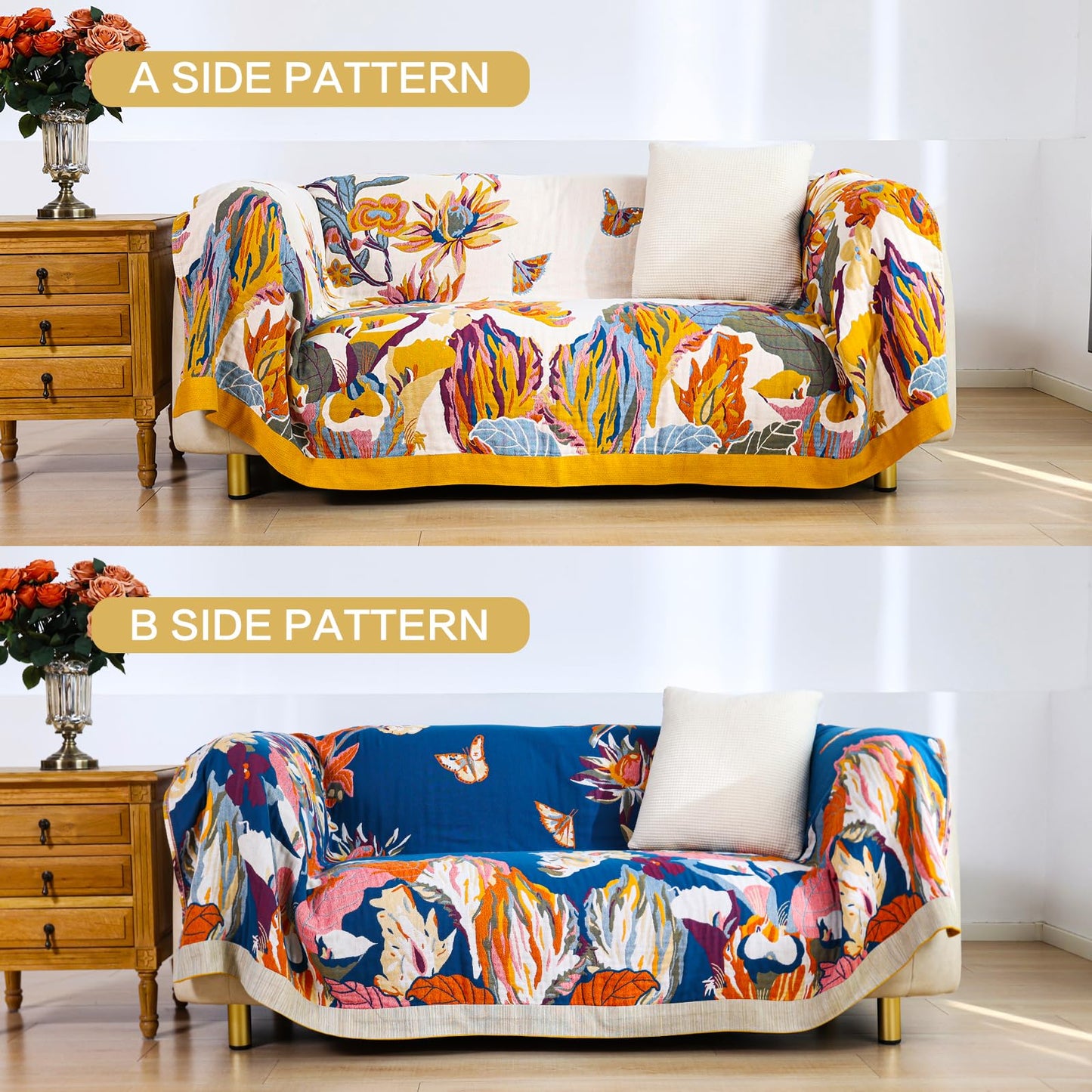 VANJOROY Boho Throw Blanket 60" x 80", 100% Organic Cotton Skin-Friendly Lightweight Ultra Soft Bed Quilt Throw - Summer Floral Butterfly Farmhouse Decor Blanket for Sofa Couch Chair and Gift.