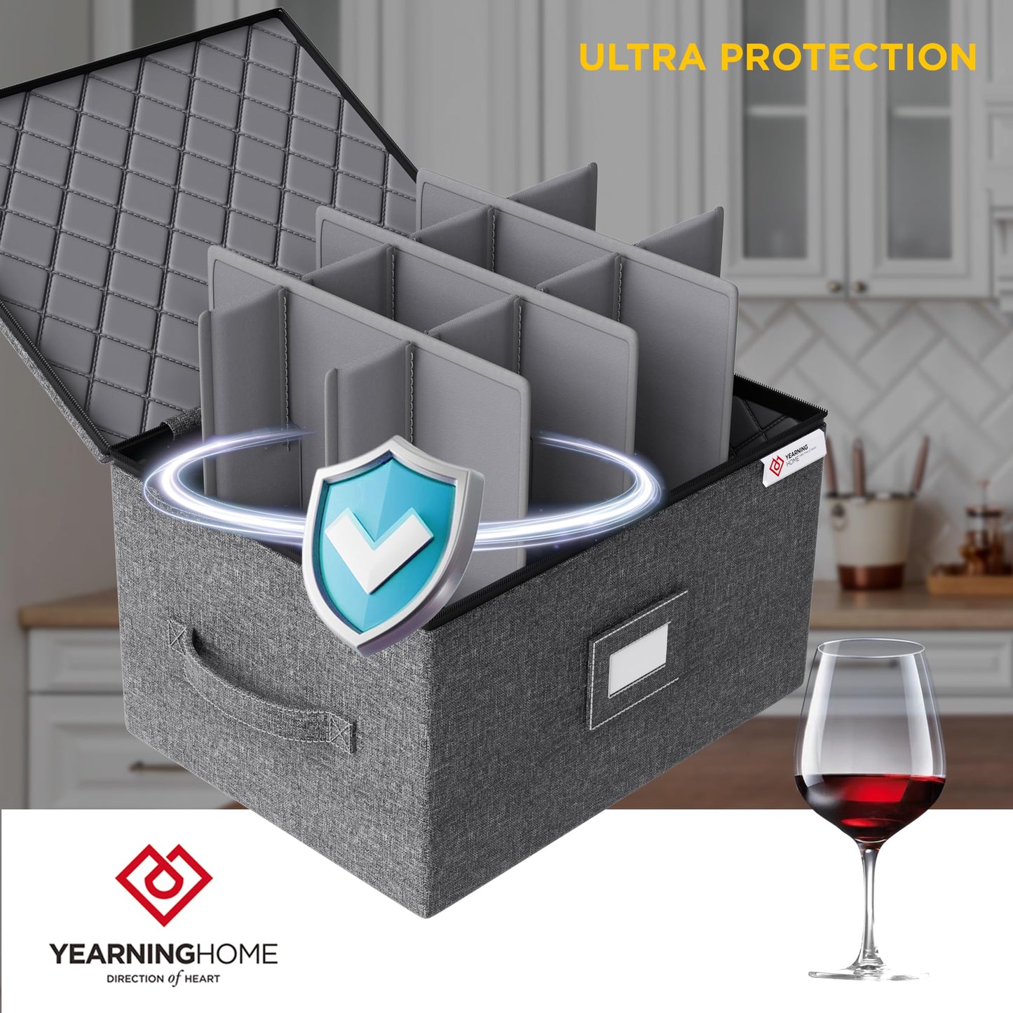 YearningHome 2 Pack Wine Glass Storage Box with Dividers,Stemware Storage Cases with Sturdy Handle and Hard Shell for Glassware Crystal Storage,Transport and Moving,Holds 12,Grey