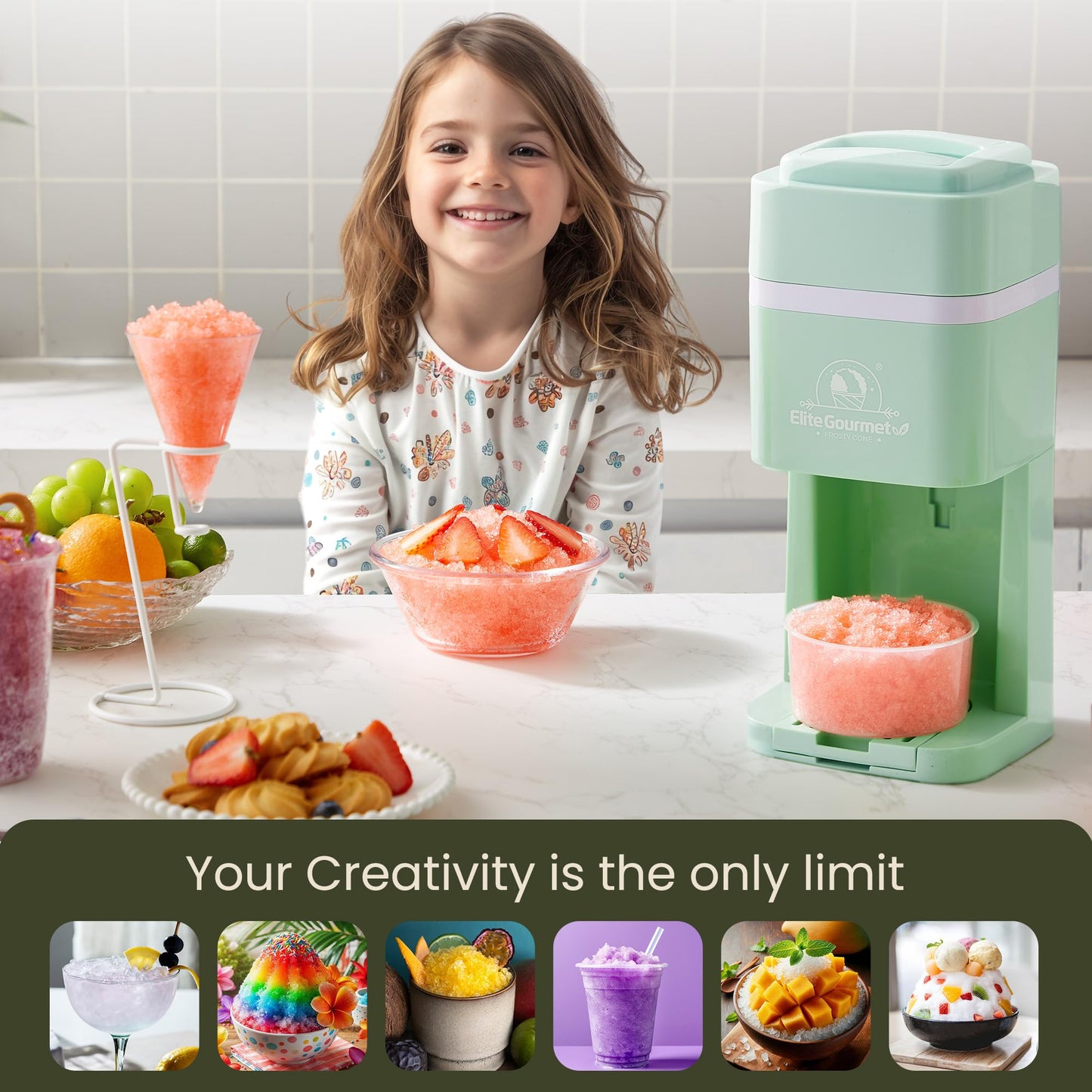 Elite Gourmet Snow Cone & Shaved Ice Maker, ESI2215M, Refreshing Slushies, Margaritas, Boba Drinks, Snow Cone & Holder and Ice Mold, Use Cubed & Bagged Ice, Stainless Steel Shaving Blade, Mint