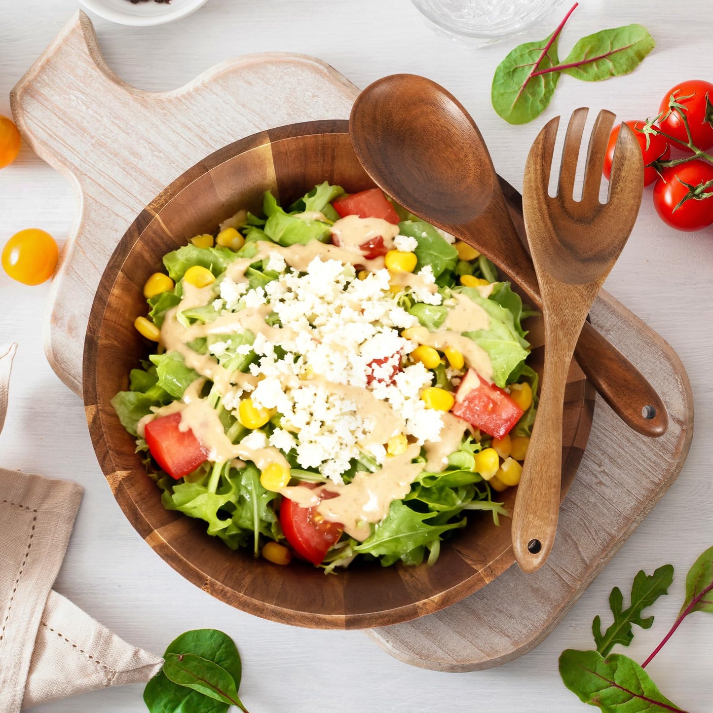 MYRAINBOW Wooden Salad Bowl Set 11.8 Inch – Acacia Large Wood Salad Bowl with Wooden Serving Utensils, Big Salad Bowls for Fruits, Food Serving & Hosting Family Gatherings