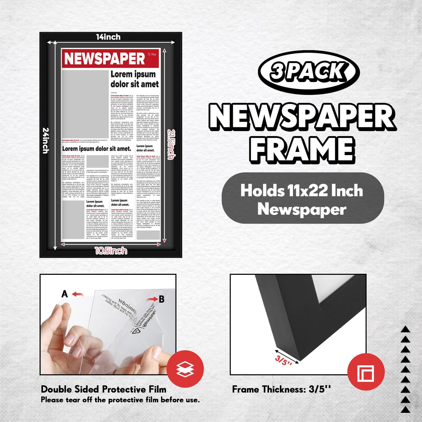 DoubleFill 3 Pcs 11x22 in Newspaper Frame with Mat Assorted Media Article Cover Frame with Hanging Hardware 14x24 in Newspaper Display Poster Frame for Wall Decoration (Black Mat)