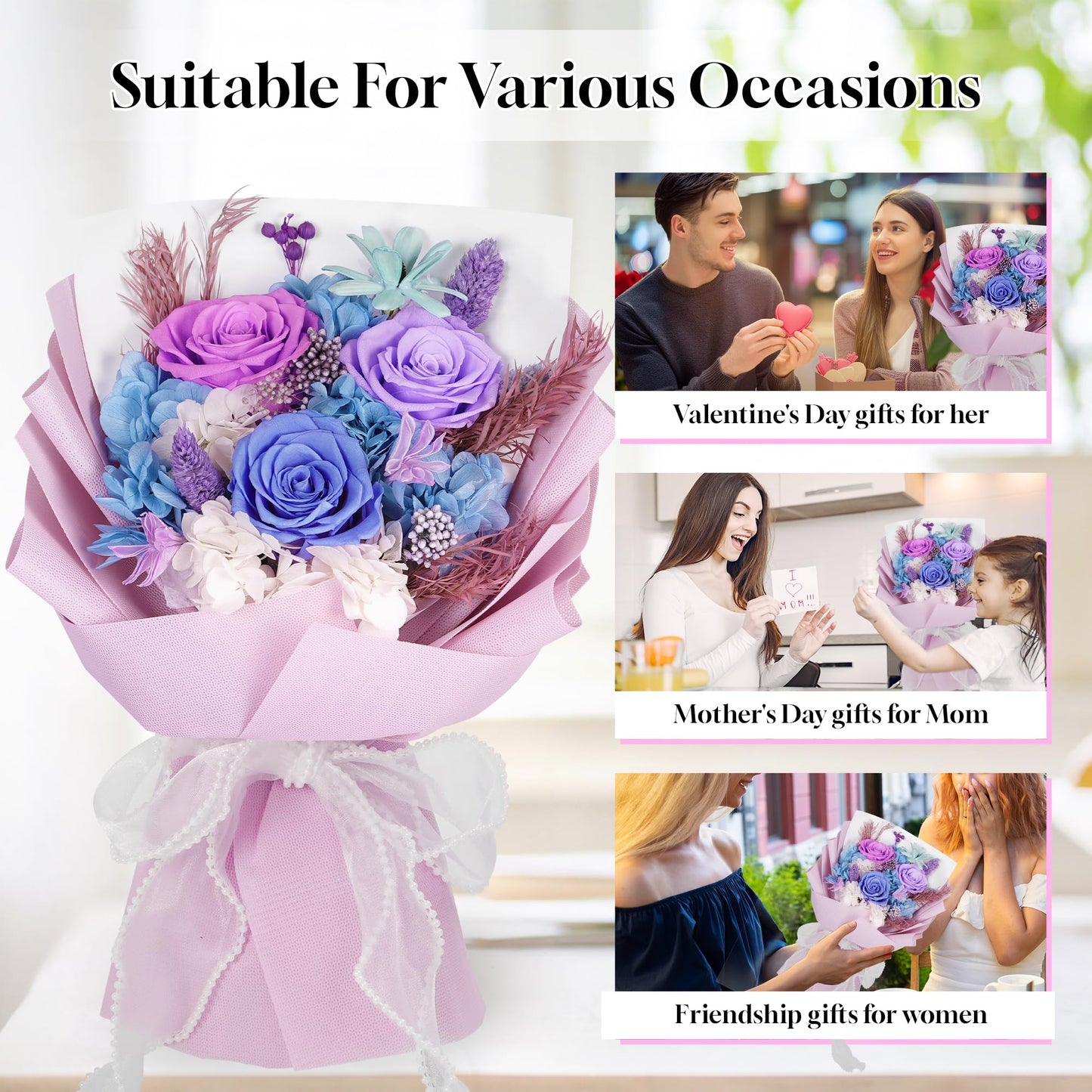 Childom Mothers Day Rose Gifts for Mom,Birthday Gifts for Women,Preserved Flowers for Delivery,Mothers Day Flowers Gift for Wife,Grandma,Purple Real Roses Bouquets for Her,Anniversary,Valentines Gifts