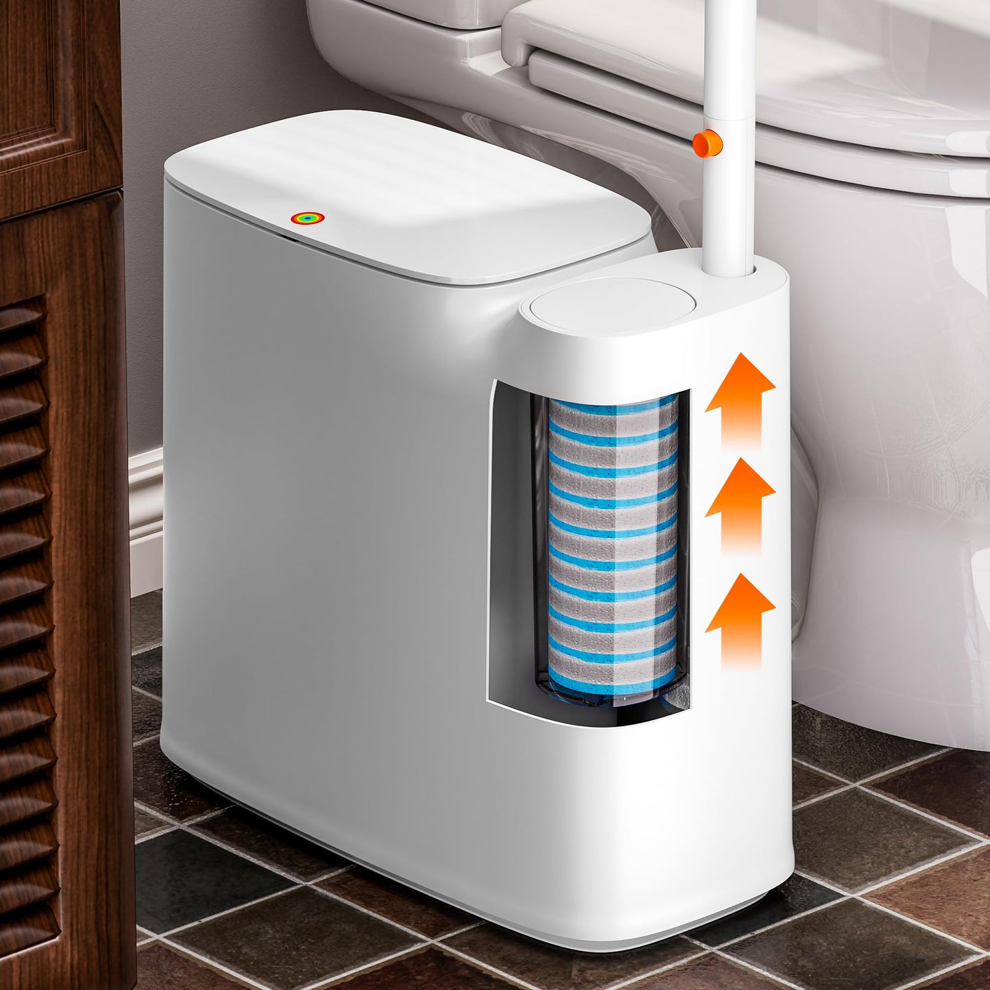 CTIME Bathroom Trash can Set, 2 Gallon White Small Trash Can with Lid, Disposable Toilet Brush, Storage Caddy and 12 Refills, Slim Garbage Can for Bathroom, RV