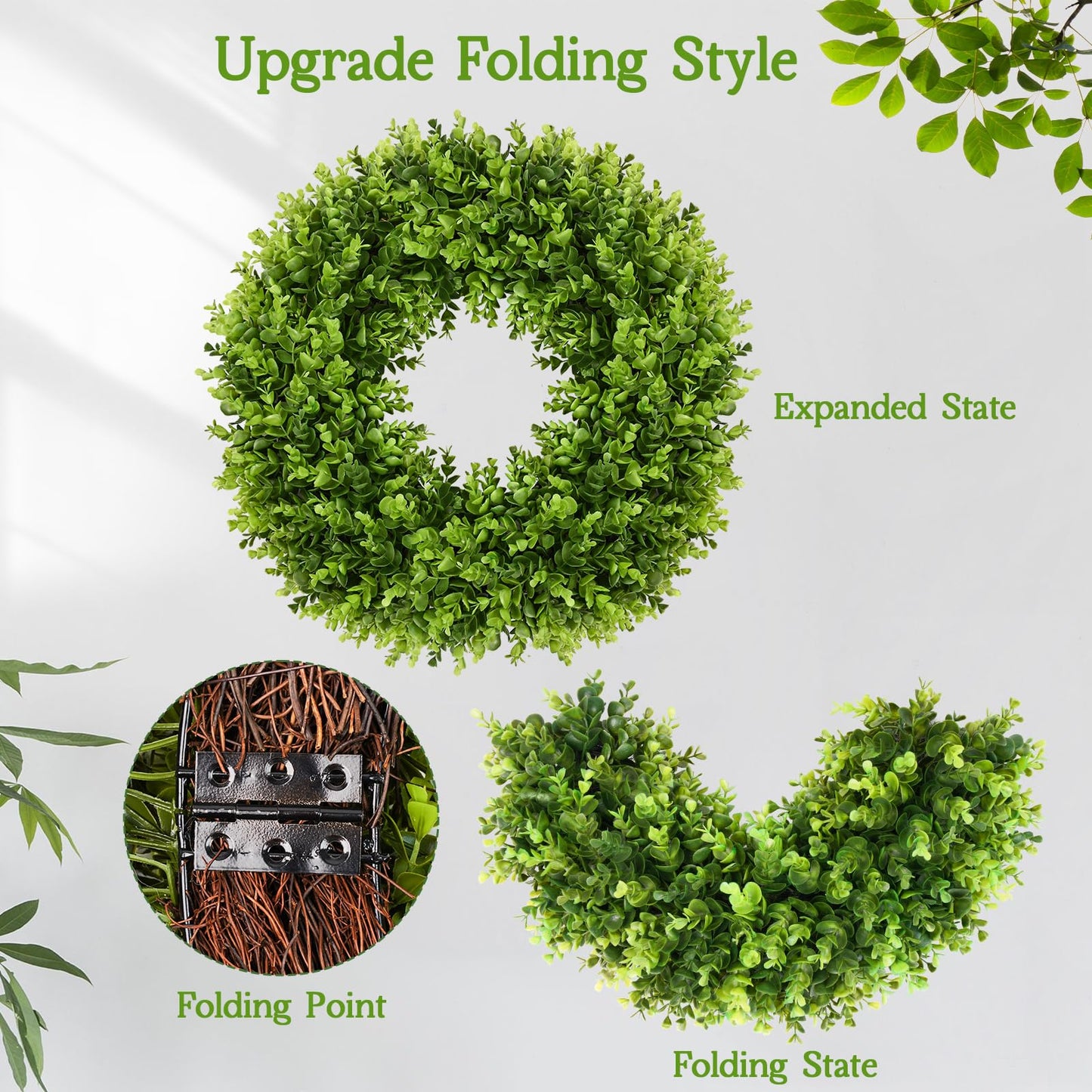 Vlorart 20" Boxwood Wreath for Front Door with Sash & Plaid Bow, Full Lush Artificial Greenery Wreath for Spring Summer Farmhouse Wall, Window & Wedding Decor