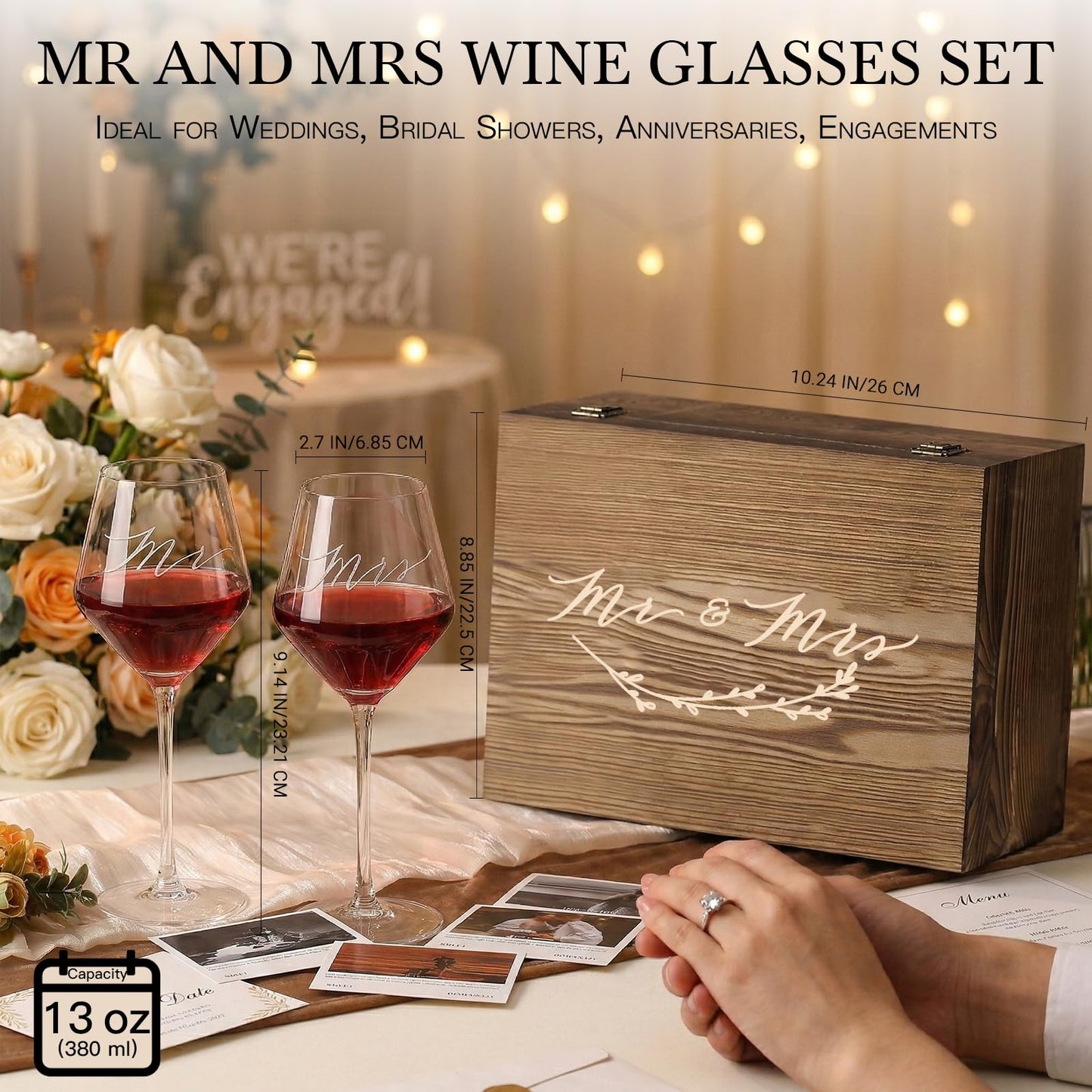 SIPBYSOP Wedding/Anniversary/Engagement/Bridal Shower and Bachelorette Gifts for Couples,Bride & Newlywed, Engraved Mr and Mrs Wine Glasses with 5-Piece Wine Accessory Kit