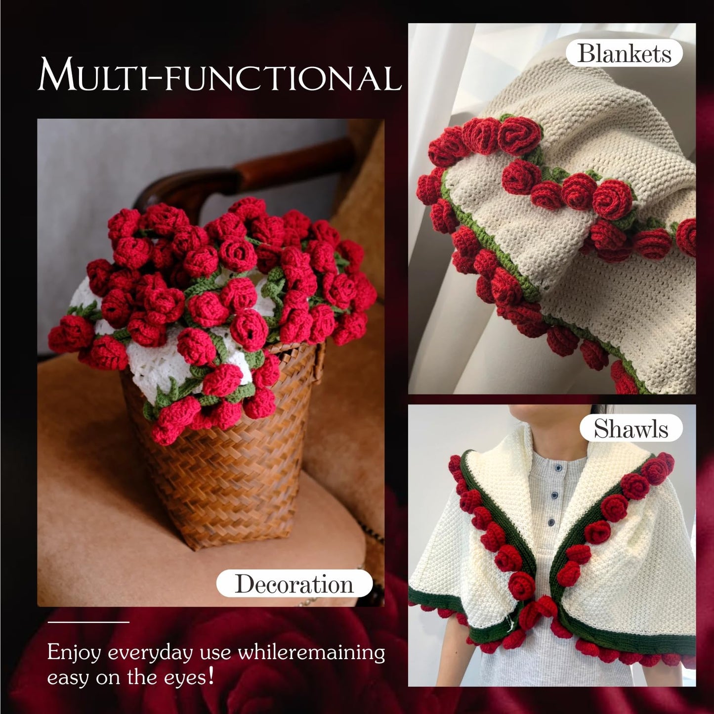 Crochet Flower Bouquet Rose Blanket-Birthday Gifts for Women Girlfriend, Soft Handmade Knitted Throw Bloom Blankets Mothers Day Valentine Gift for Mom Wife Grandma, Wedding Anniversary, Home Decor