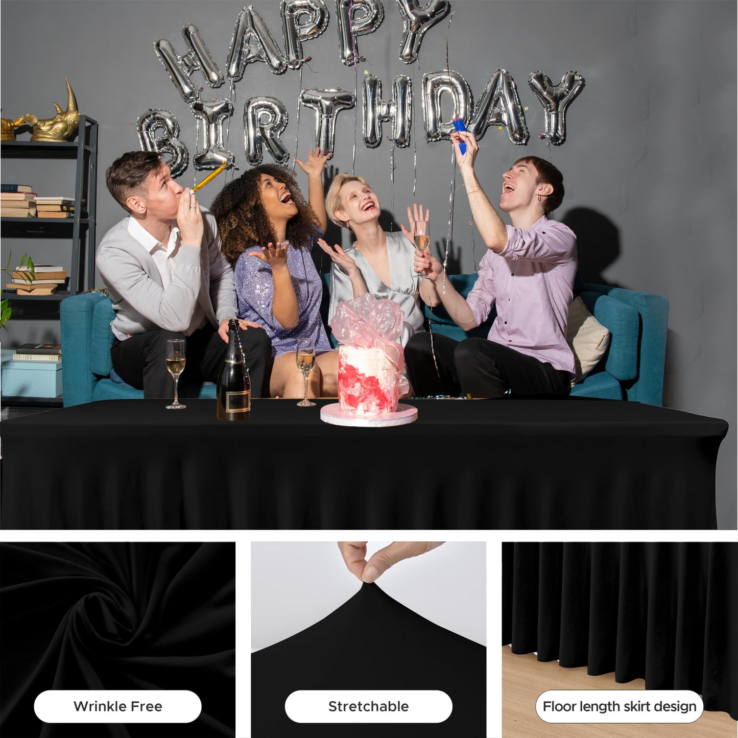 HolidayIdeas 2 Pack Spandex Table Skirt for 6 Ft Rectangle Tables, Black Fitted Stretch Tablecloth 30 x 72 Inch, Wrinkle Resistant Ruffle Design for Wedding Banquets, Trade Shows, Parties